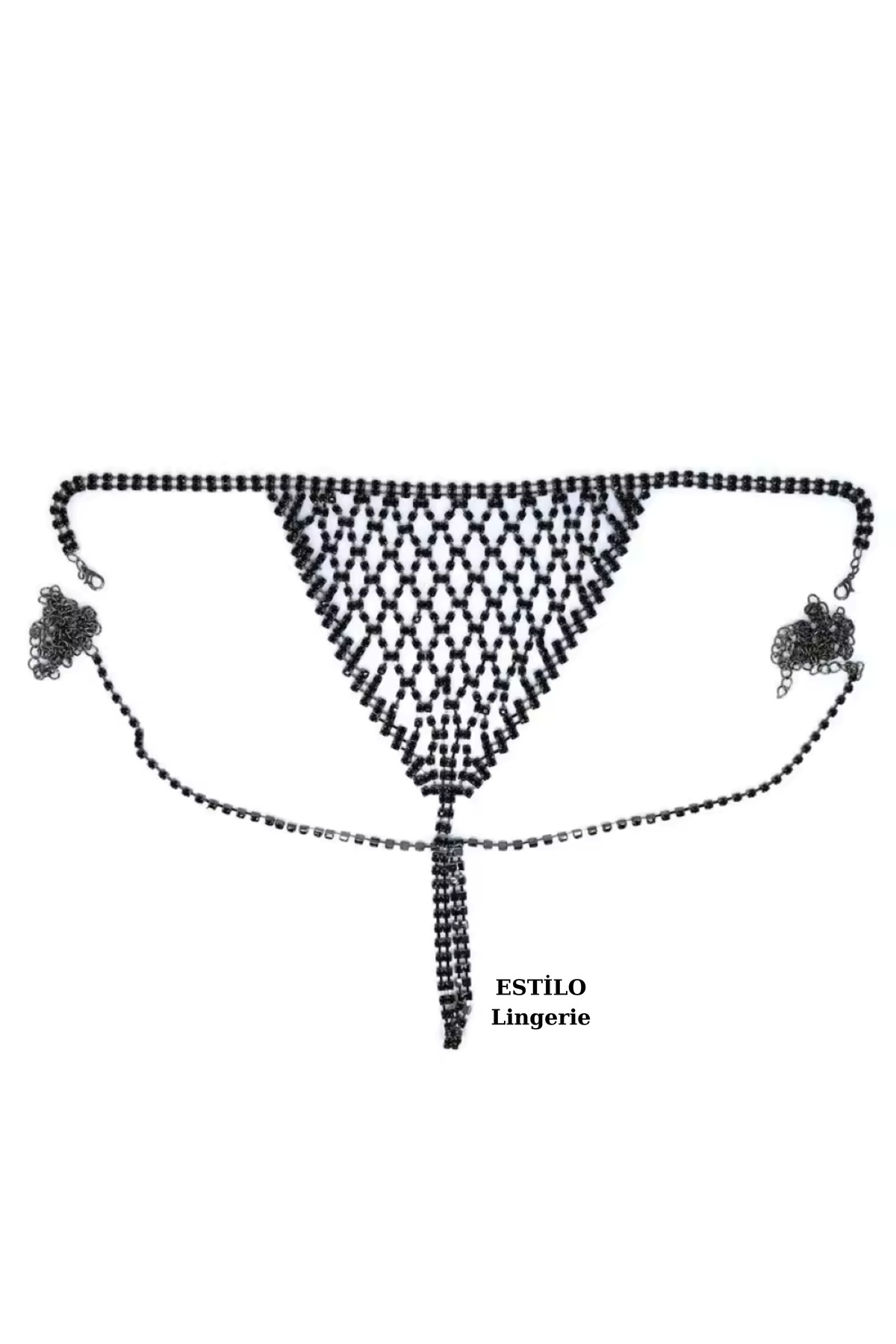 Siyah Taşlı Su Yolu Vücut Takısı, Taşlı Bikini, Taşlı Sütyen Külot, Fantezi Iç Çamaşır Takımı