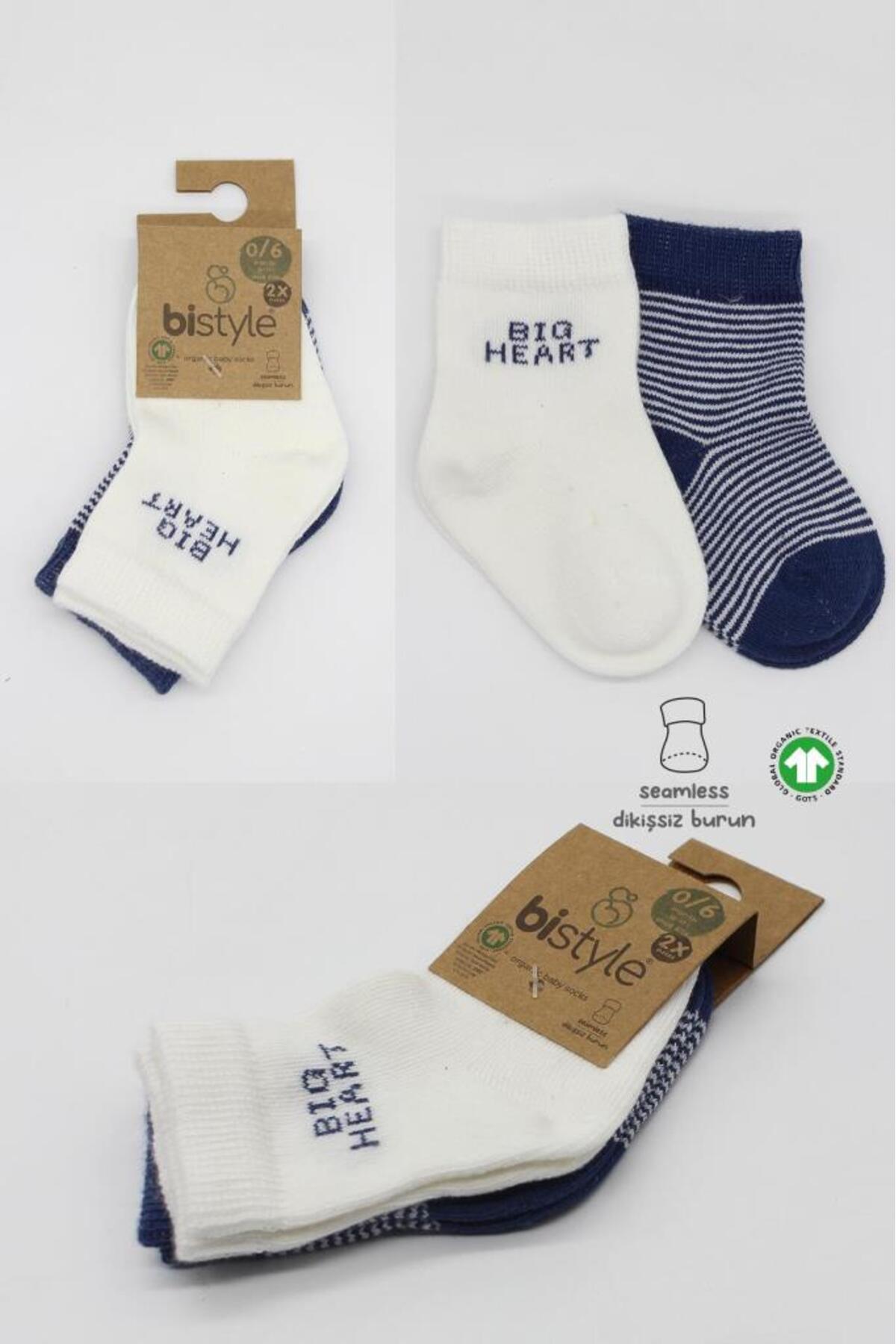 جورابهای پنبهای بافتهشده دو رنگ آبی سرمهای با طرح قلب بزرگ، بسته ۲ عددی Bs10117