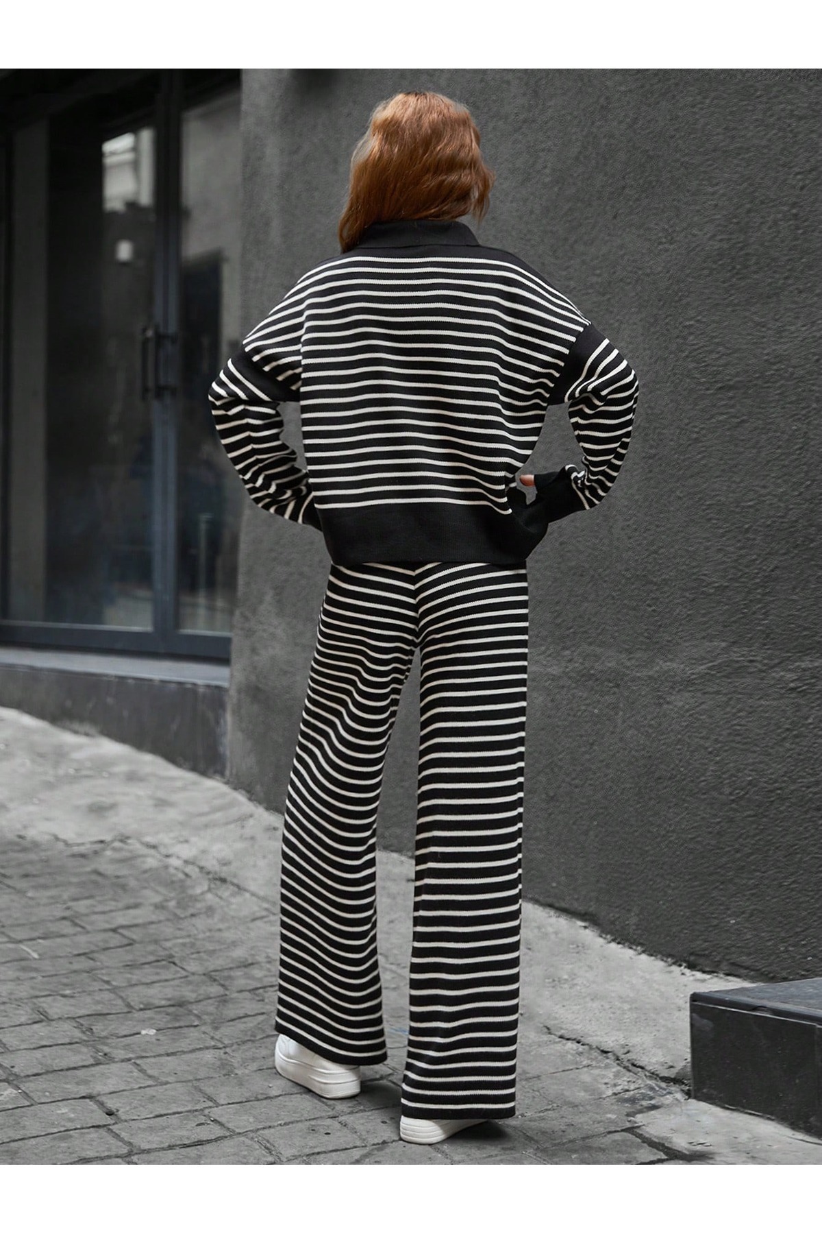 CLOUDY WEAR&DESİGN Жіночий сорочковий комір смугастий трикотажний комплект