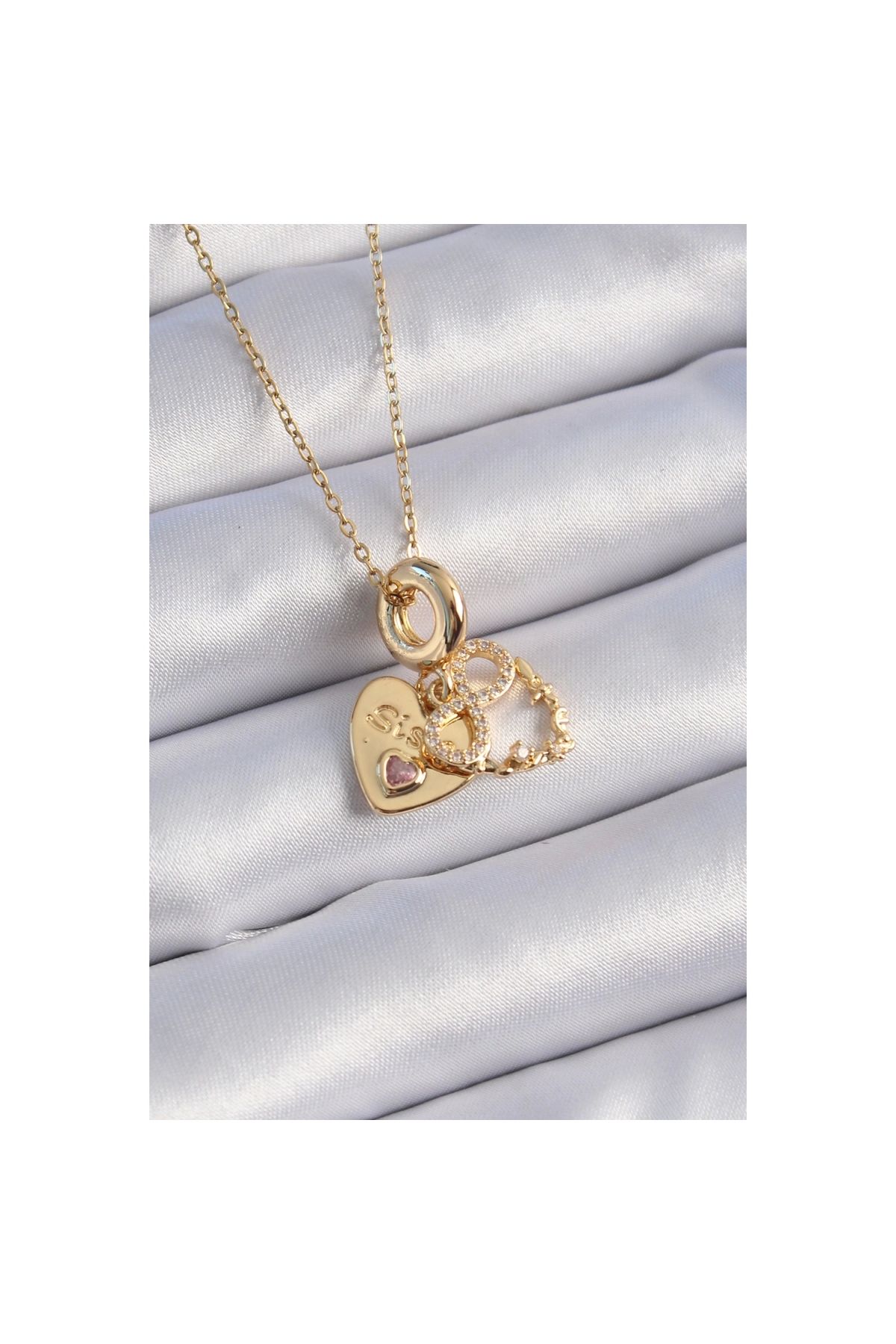 Narnuga 316L Çelik Gold Renk Zirkon Taşlı Sonsuzluk Kalp Figür Charm Model Kadın Kolye - TJ-BKO9310