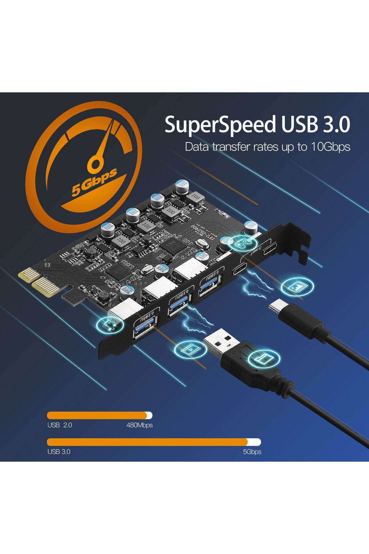 IRhasta-5Gbps USB 3.2 Gen1 USBC PCIE Card Hub USB 3.0 PCI Express Board PCI-E USB3.0 Adapter Multiplier U... 3