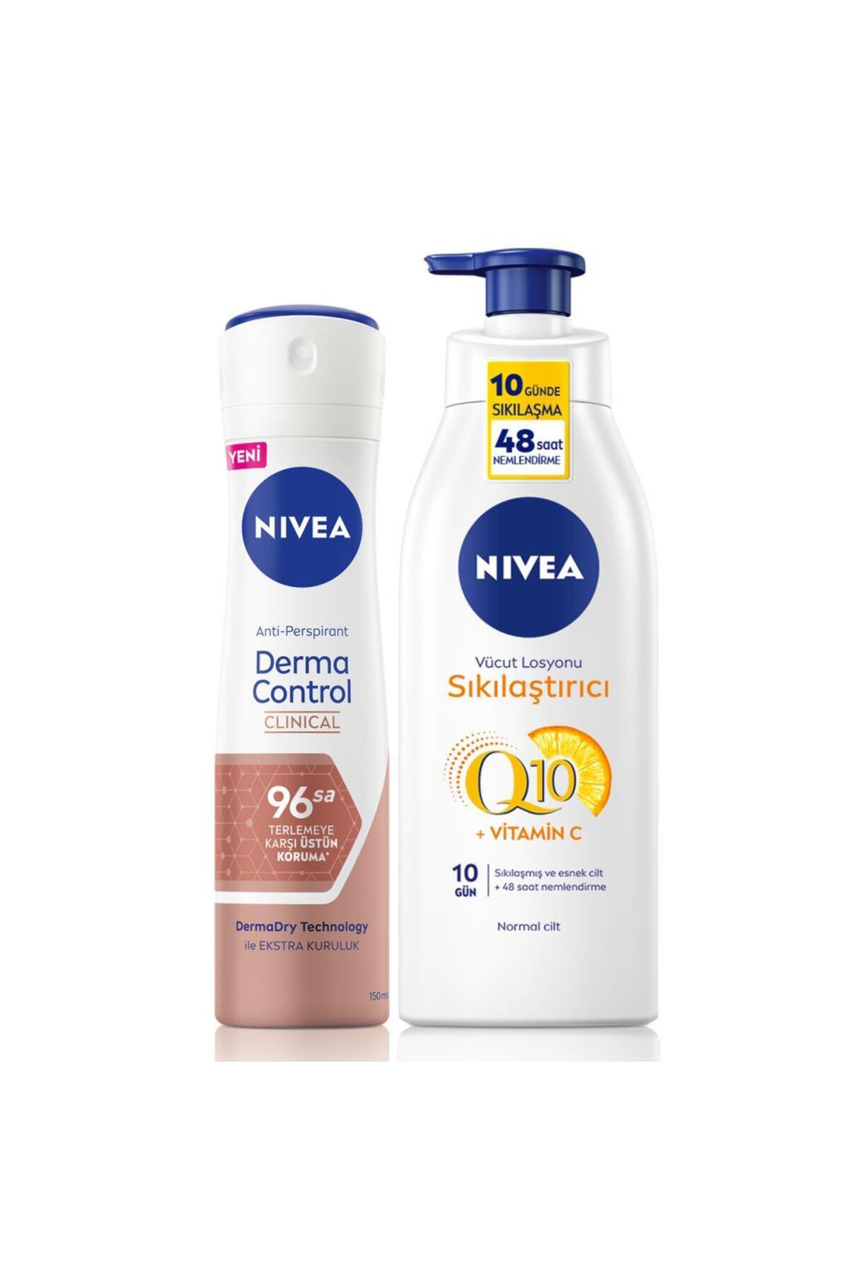 نیوا لوسیون بدن سفت کننده Q10، 200 میلی لیتر و اسپری دئودورانت زنانه Derma Control Clinical، 150 میلی لیتر