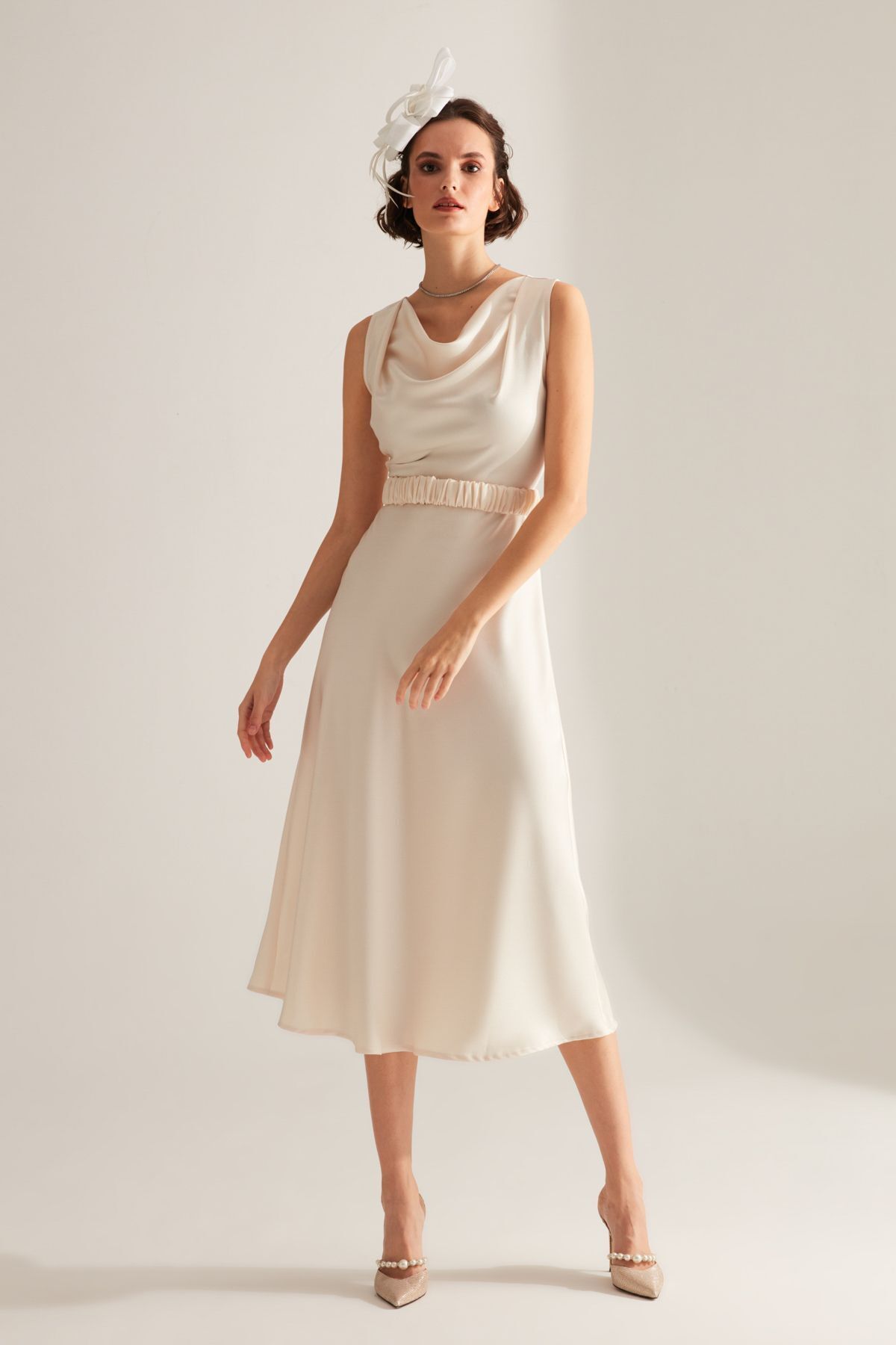 BETTY & SAM-Marina Sleeveless Scoop Neck Flared Skirt Ecru Engagement Dress 4