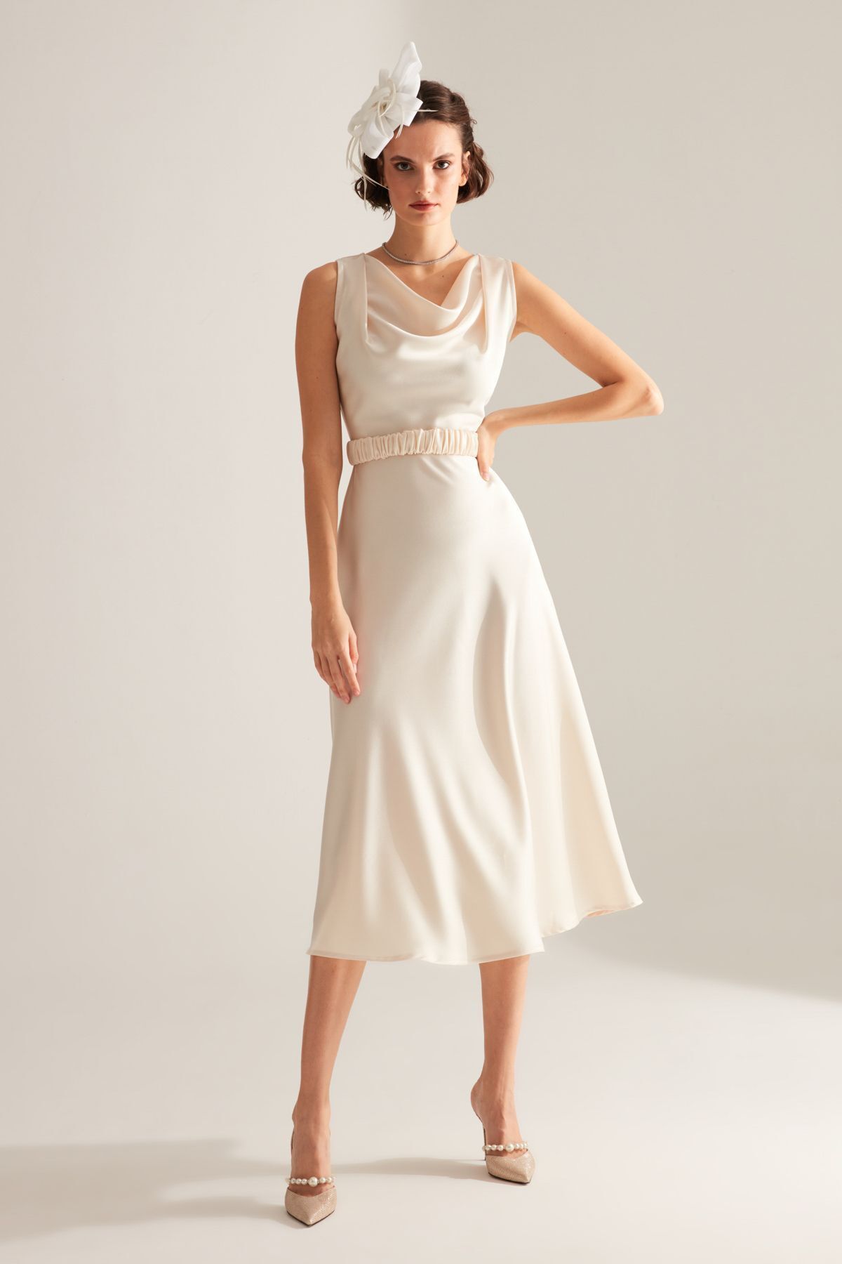 BETTY & SAM-Marina Sleeveless Scoop Neck Flared Skirt Ecru Engagement Dress 1