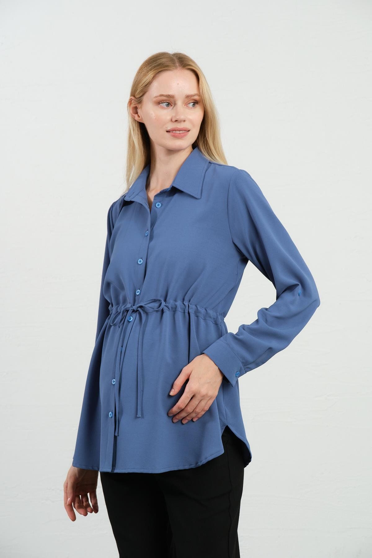 BUSA-Indigo Long Sleeve Maternity Shirt - Waist Lace-Up 2