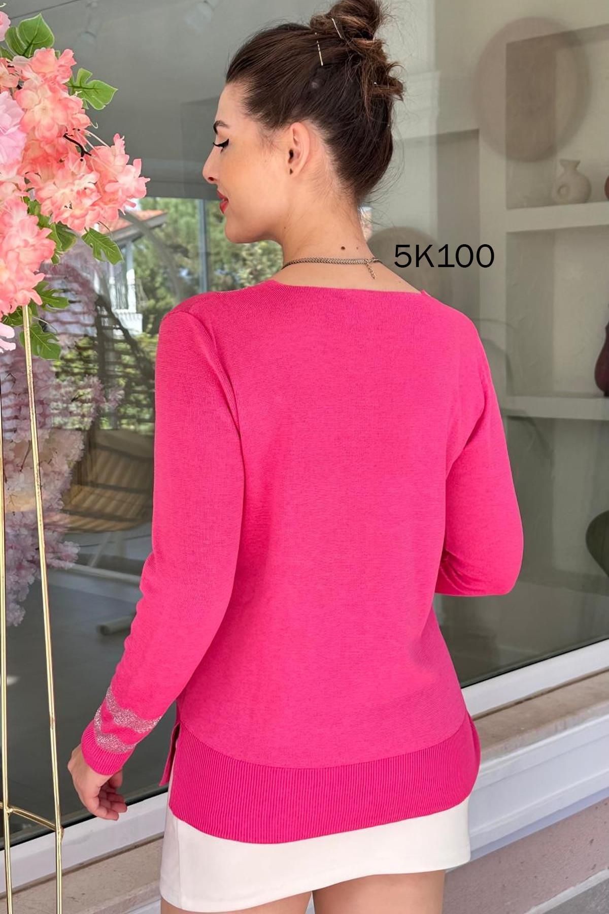 İnce Topuk-Glittery V-Neck Knitwear Blouse - 5K100 3