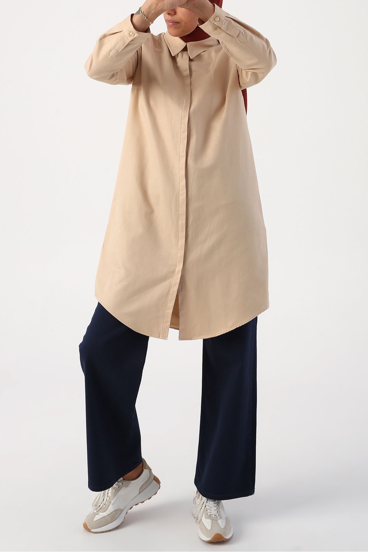 ALLDAY-Bej01 Hidden Placket Cotton Shirt Tunic 1