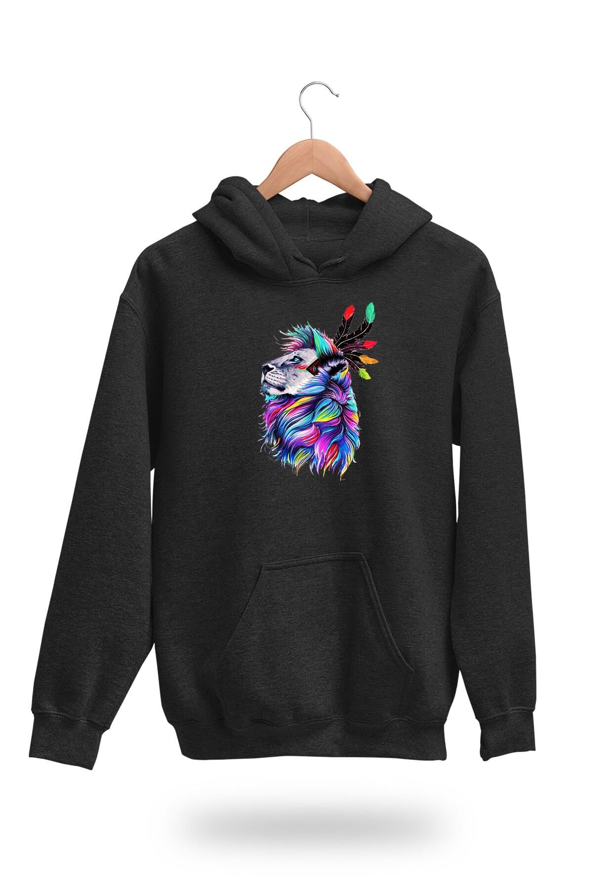 Pink Sky Hanorac Colorat Leon Negru Din Bumbac Cu Glugă Unisex - 7XL