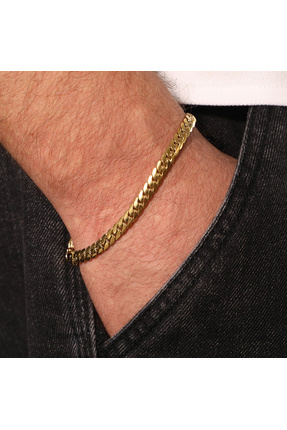 FOURSOLOS Çelik Erkek Bileklik, Gold Renk, Klasik Kalın Zincir, No:26