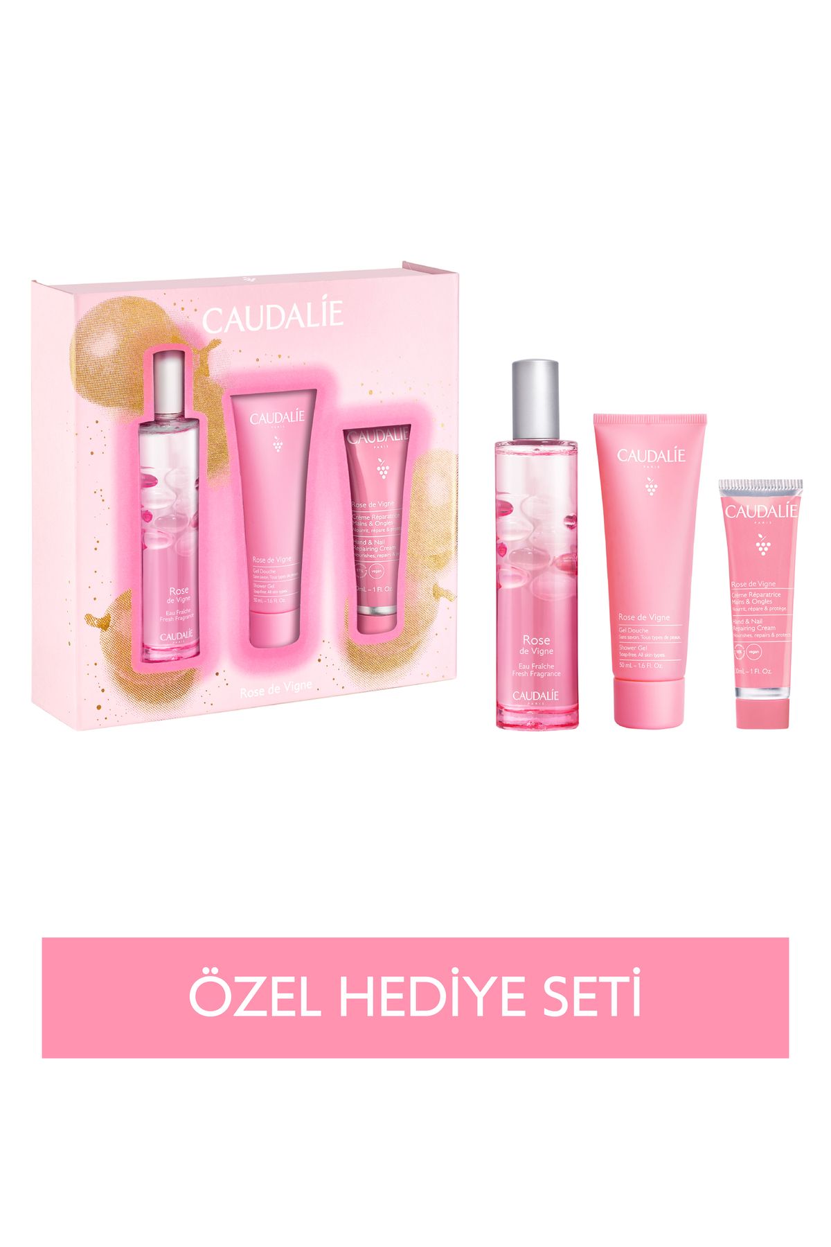 Caudalie Rose de Vigne Seti - Rose de Vigne Aromalı Parfüm 50ml & Duş Jeli 50ml & El Kremi 30ml