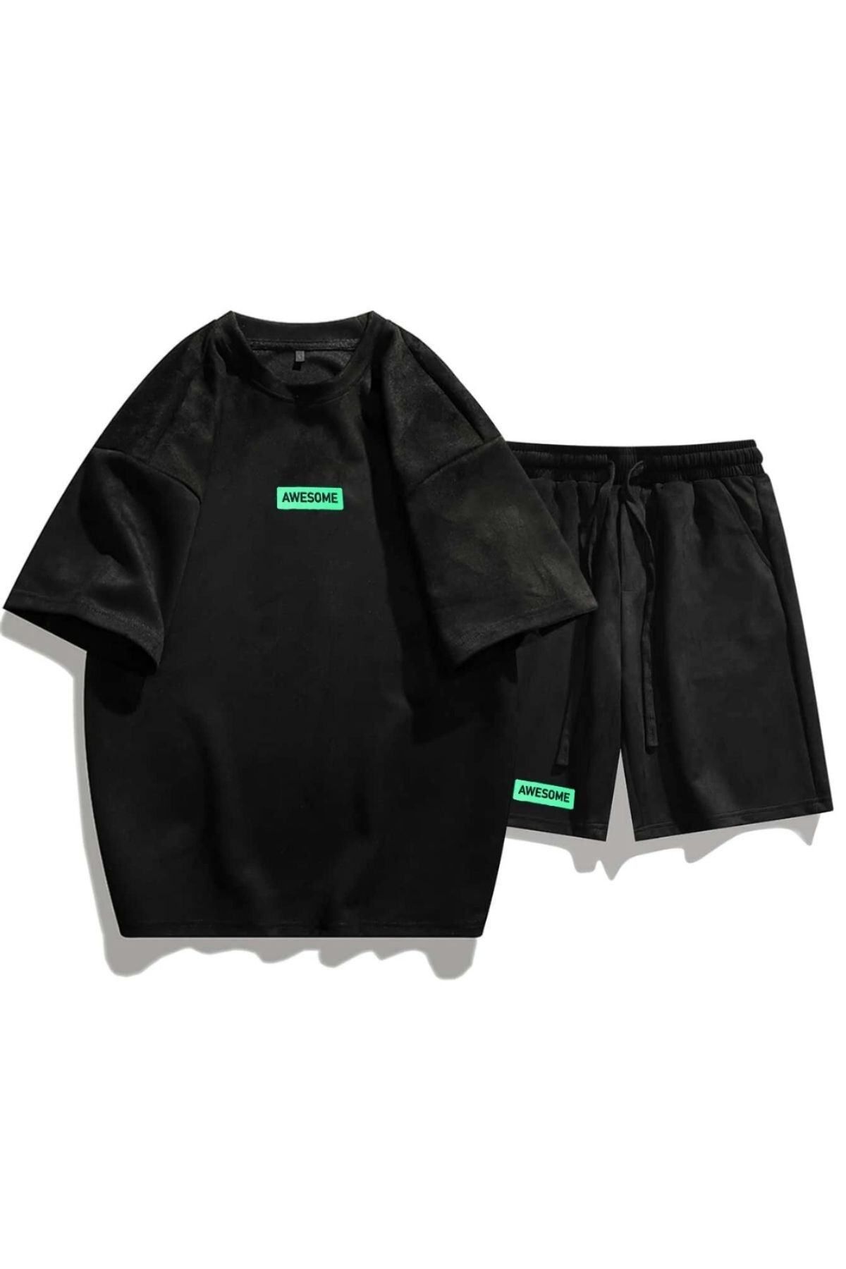 GIANTSTORE Erkek Siyah Awesome Baskılı Şort Takım