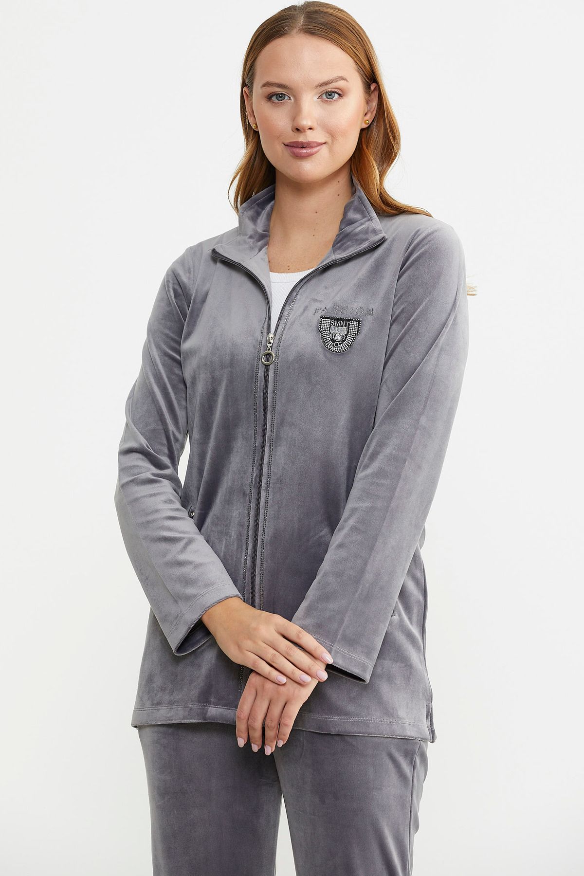 Sementa-Gray Velvet Tunic and Tracksuit Set - Stand Collar 4