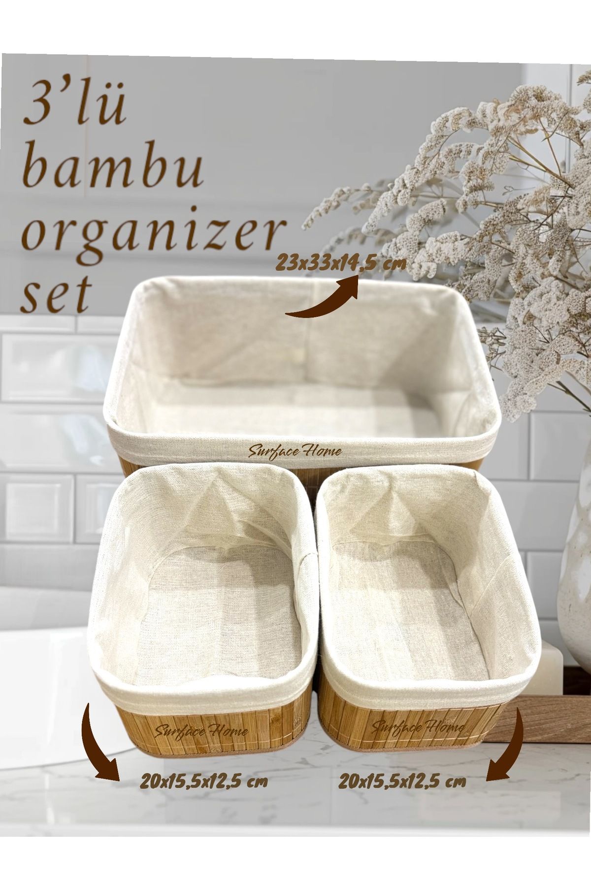 Toptanpro 3'lü Bambu Iç Korumalı Dikdörtgen Sepet Düzenleyici
