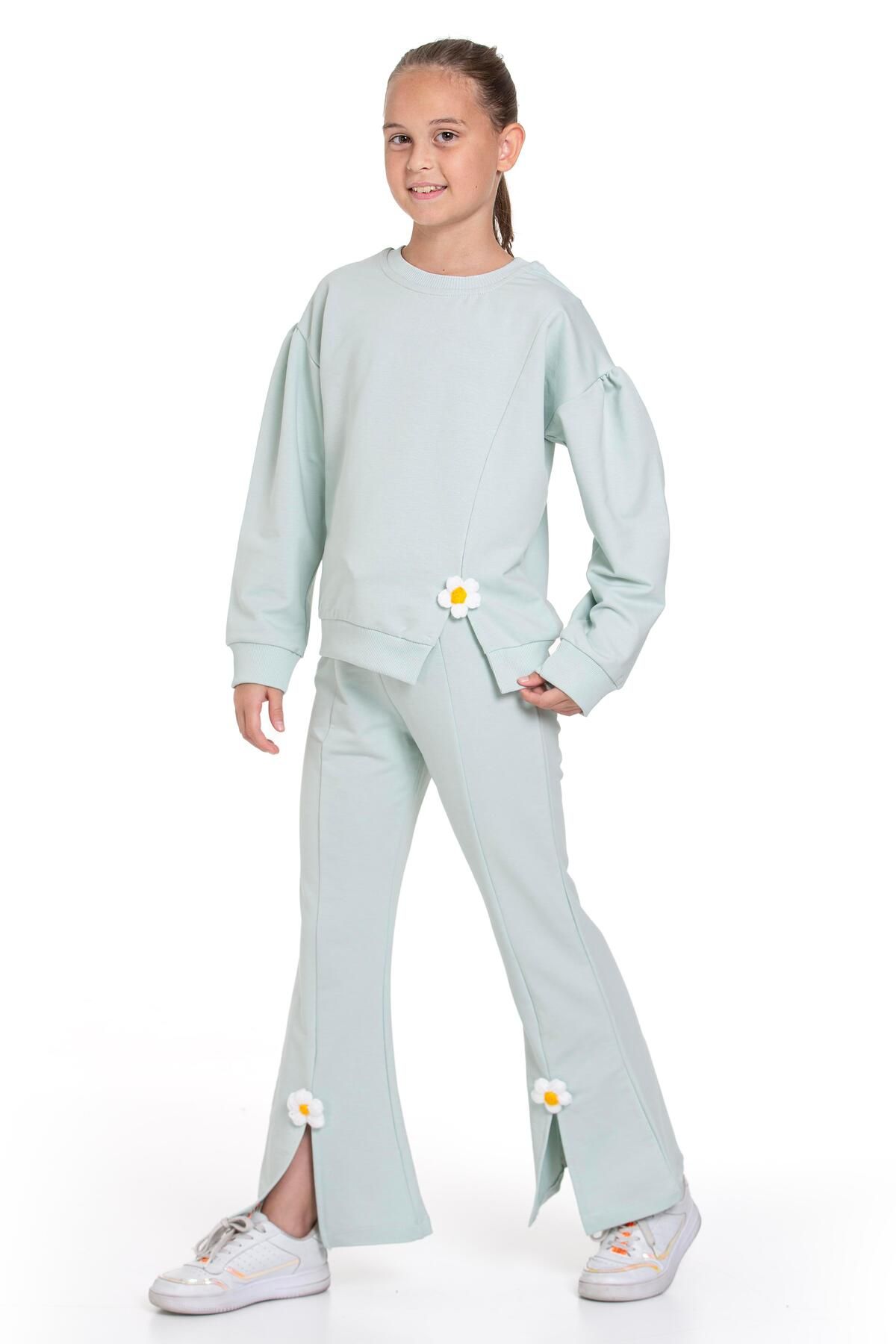 zepkids-Mint Colored Daisy Detailed Long Sleeve Crew Neck Girl's Tracksuit Set 2