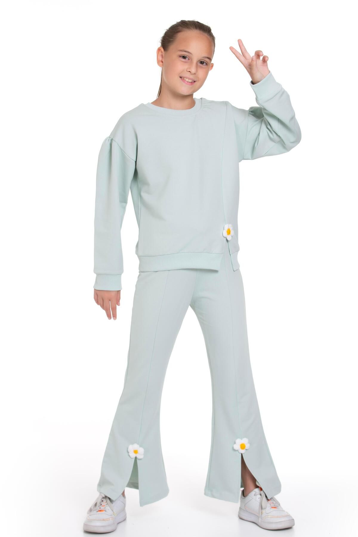 zepkids-Mint Colored Daisy Detailed Long Sleeve Crew Neck Girl's Tracksuit Set 1