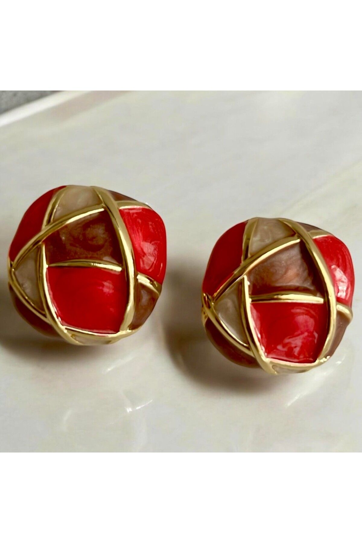 Kutcha Accessories-Colorful Modern Globe Earrings - Red and Brown Details with Gold Frame 2