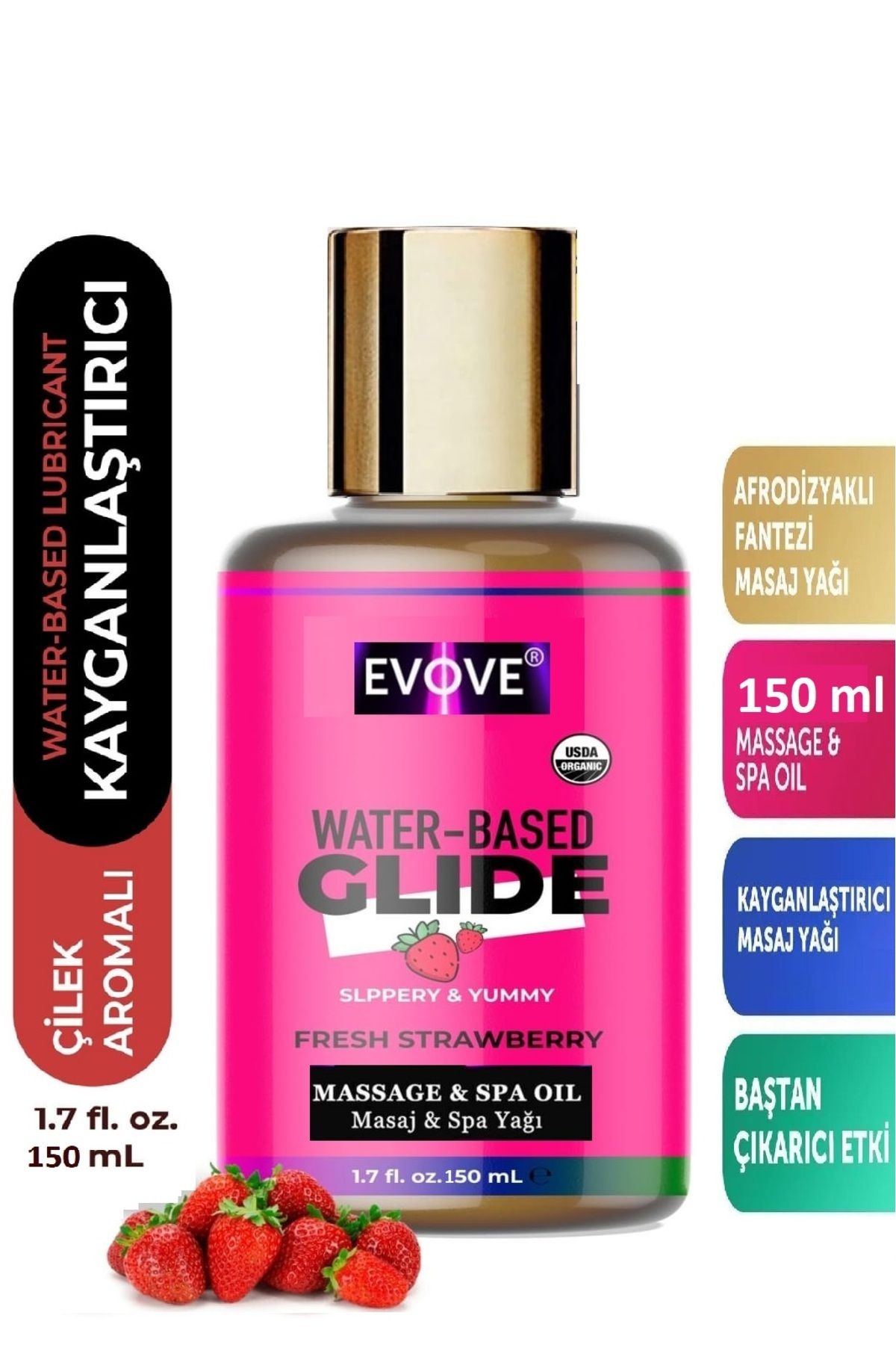 Evove Cosmetics Masaj Yağı Doğal Çilekli  Etkili Aromaterapi Masaj Jeli 150ml