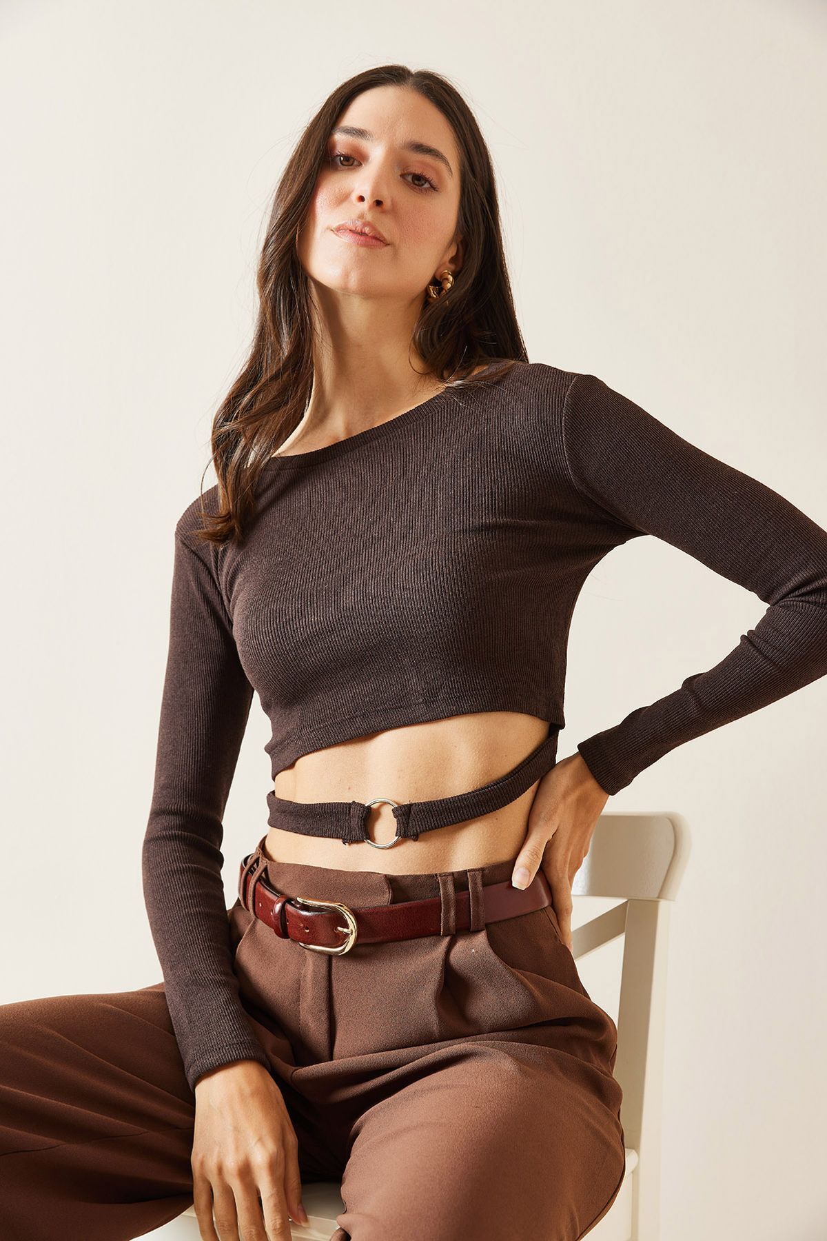 XHAN-Brown Ring Detailed Camisole Crop Blouse 5Kxk2-49014-18 2