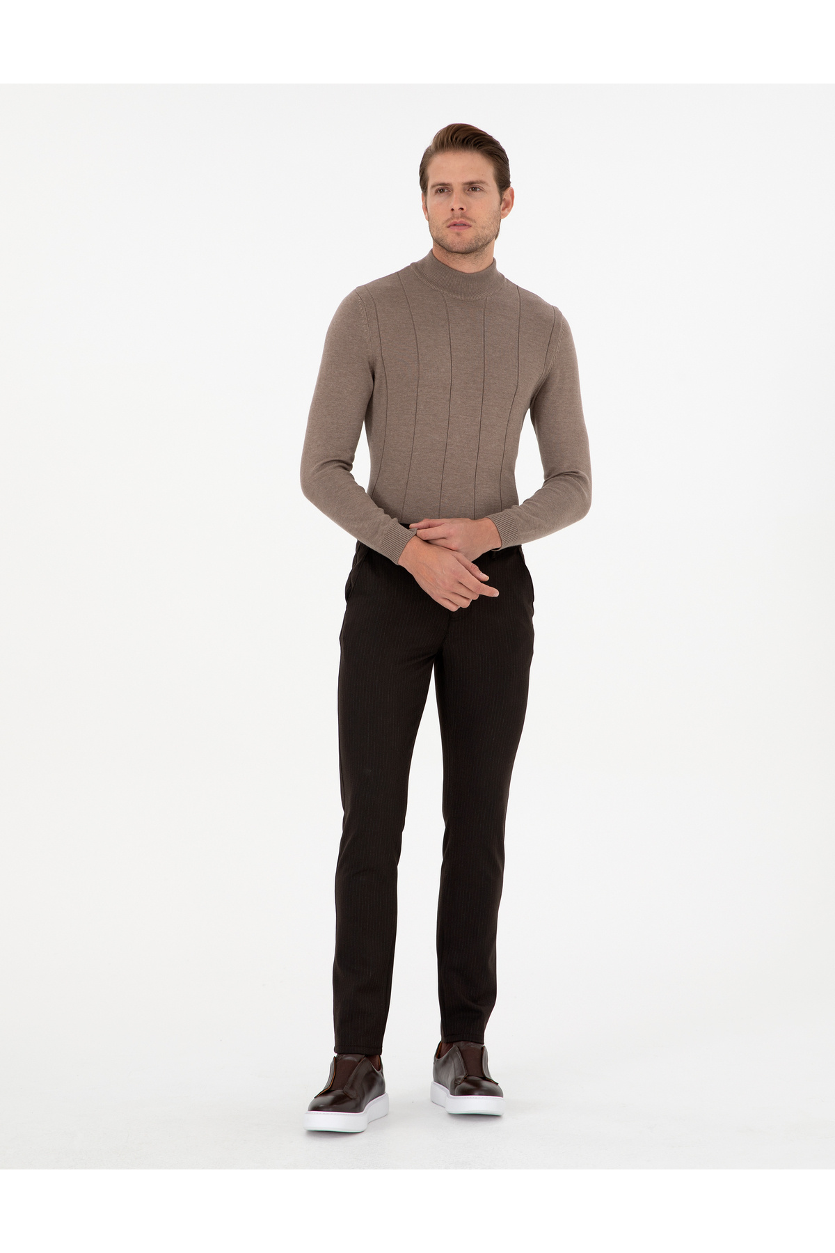 پیر کاردین شلوار بوم راه راه قهوه ای باریک 50299528-VR029