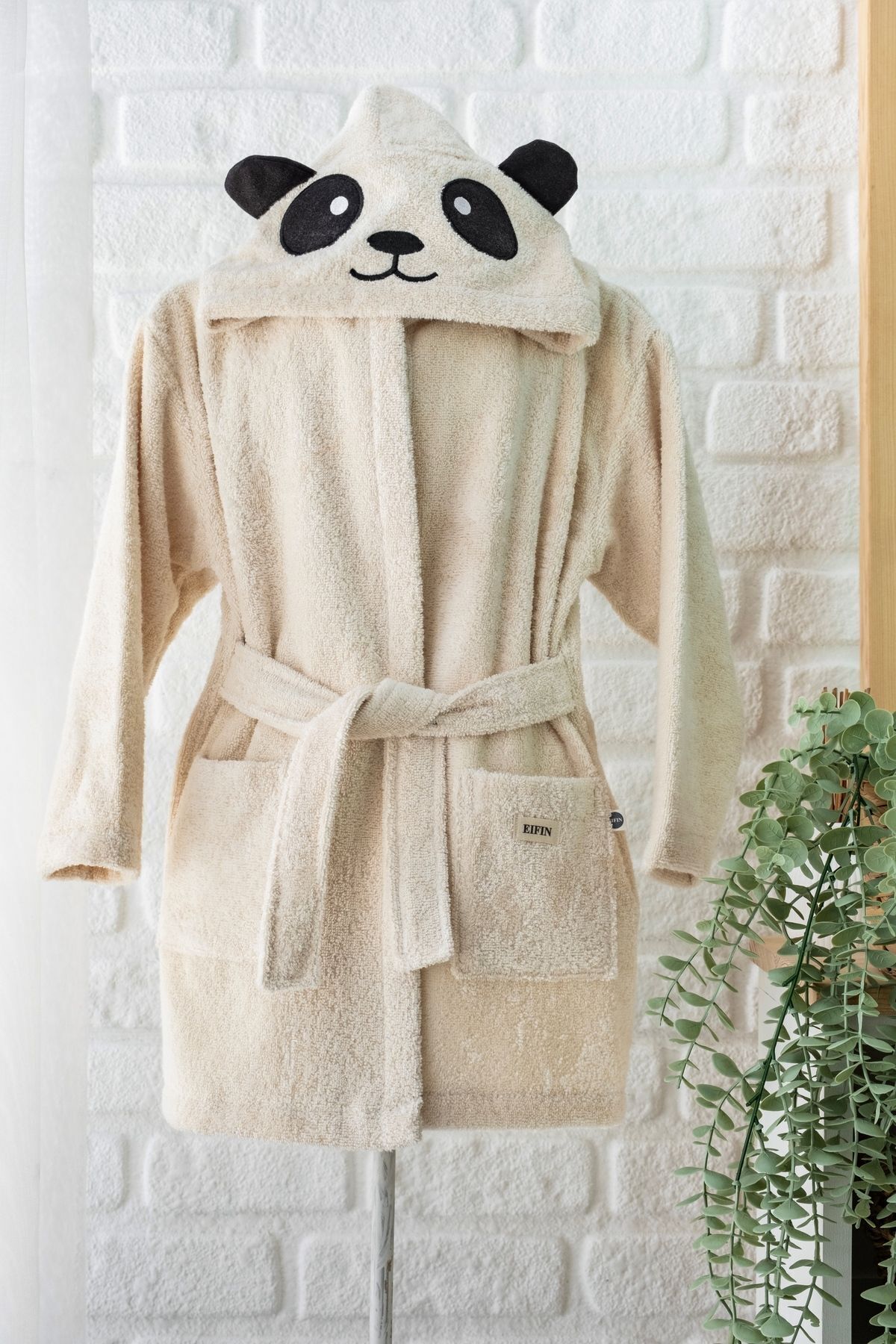 EIFIN %100 Pamuklu Kapüşonlu Panda Nakışlı Çocuk Bornozu Unisex fotoğrafı 5 (önizleme)