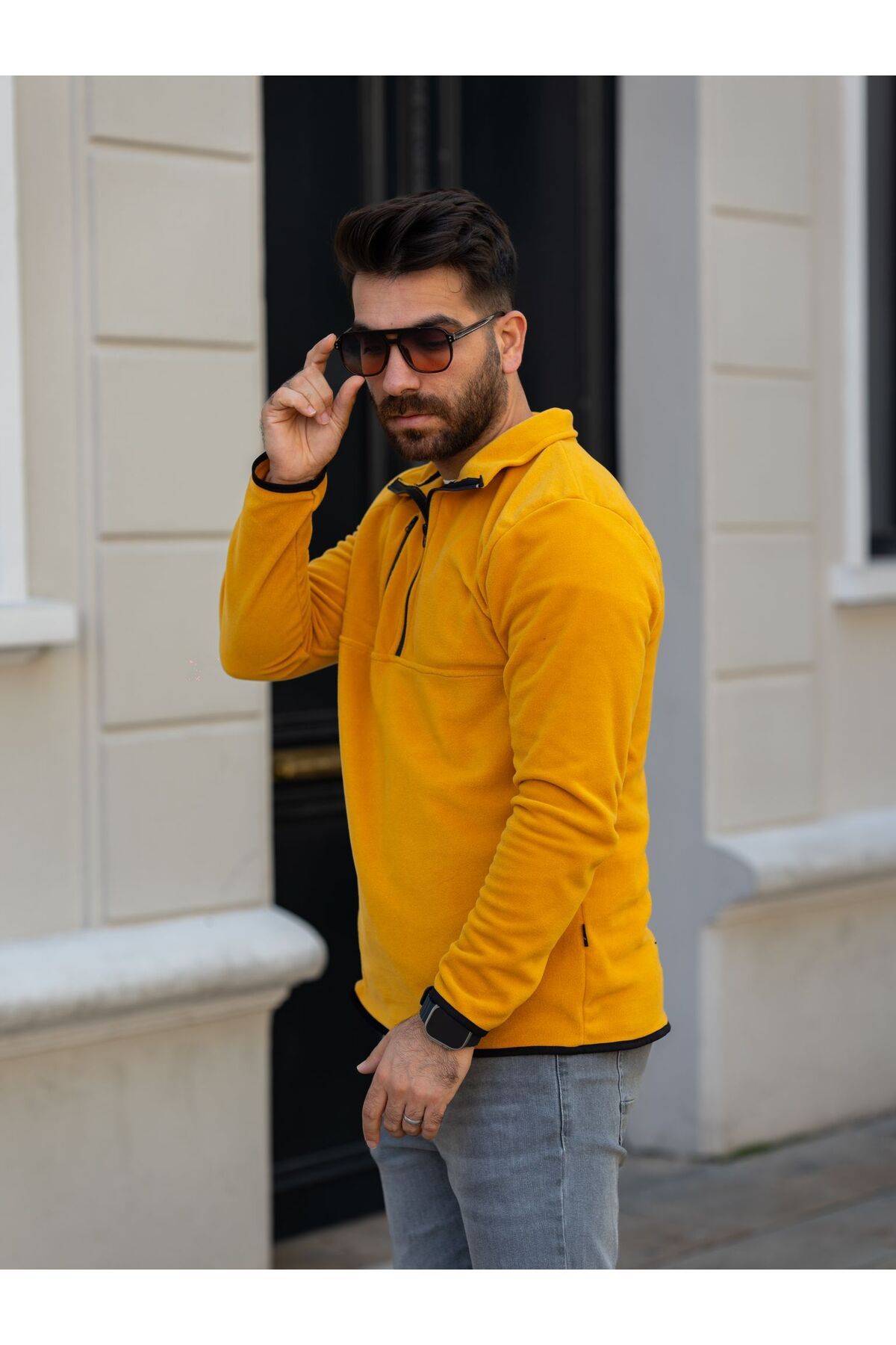 Black Sokak-Men's Half Zippered Yellow Fleece Sweatshirt with Chest Pocket Detail 1