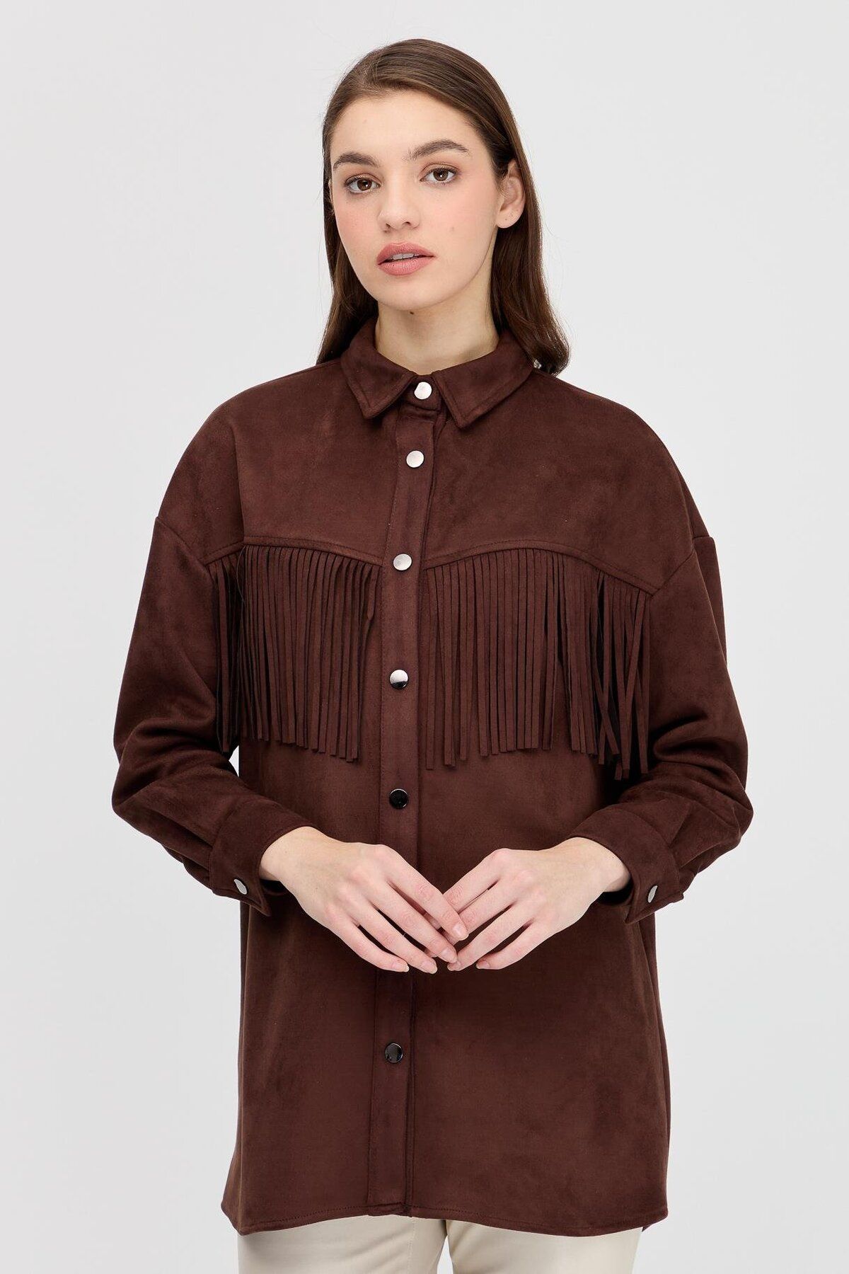 accort-Suede Shirt Jacket - Tasseled Front, Brown 2