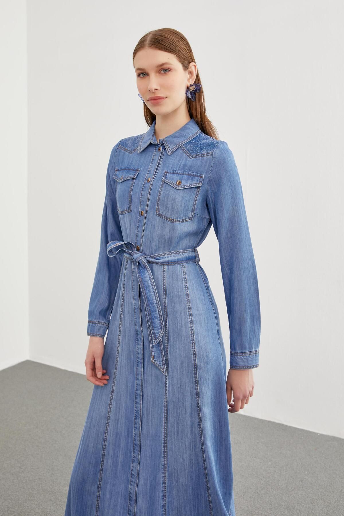 Zühre-Rochie albastră cu guler cămașă din denim cu paiete - E-0382 4