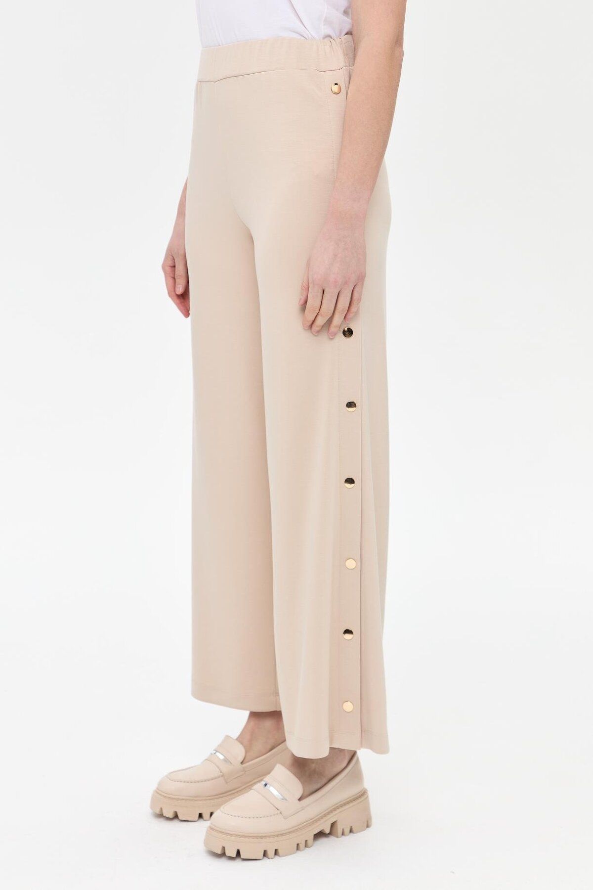 accort-Beige Modal Trousers - Side Button Detail 6