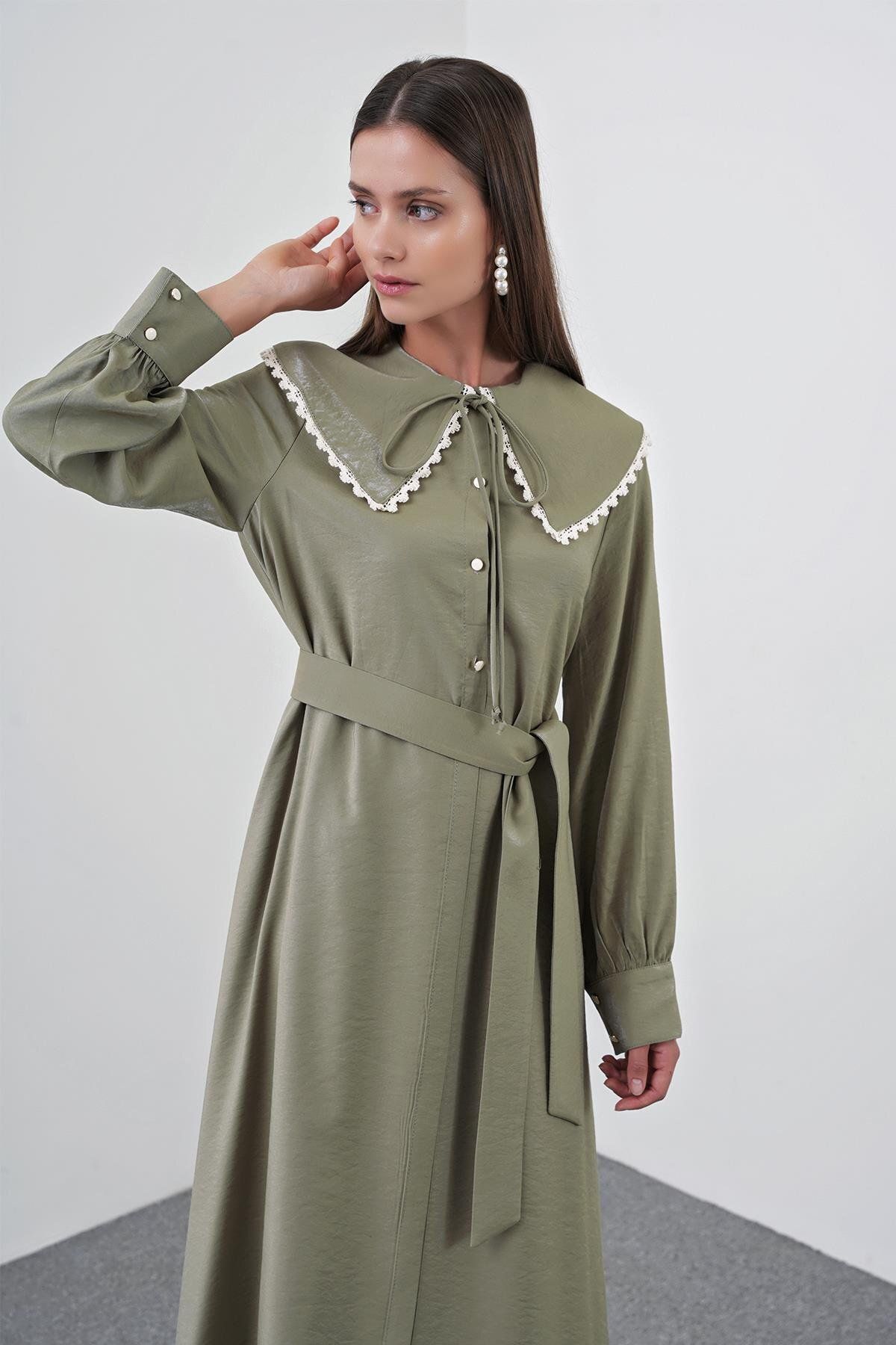 Zühre-Khaki Dress - Bow Collar and Lace Detail E-0439 5