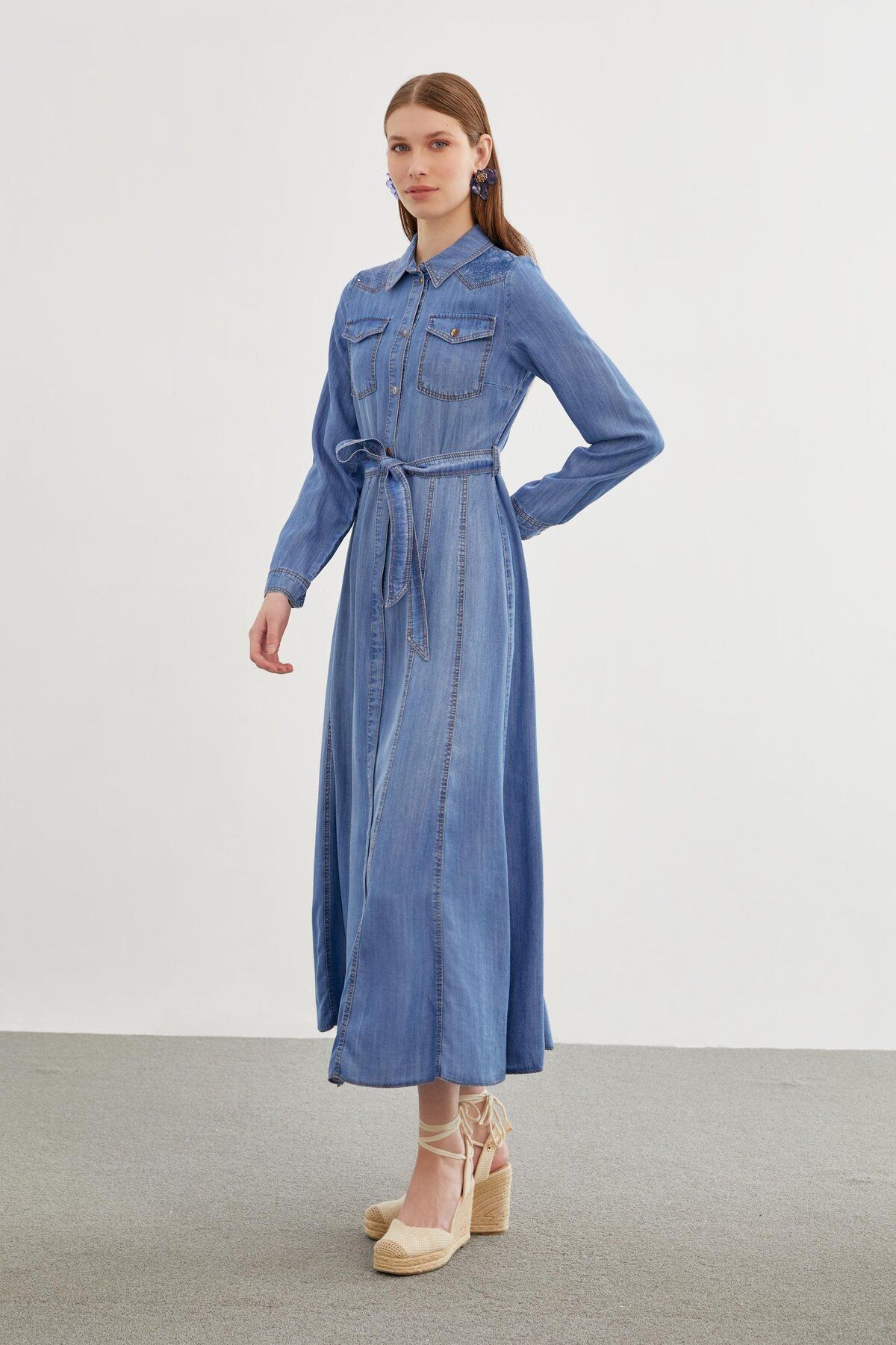 Zühre-Rochie albastră cu guler cămașă din denim cu paiete - E-0382 5