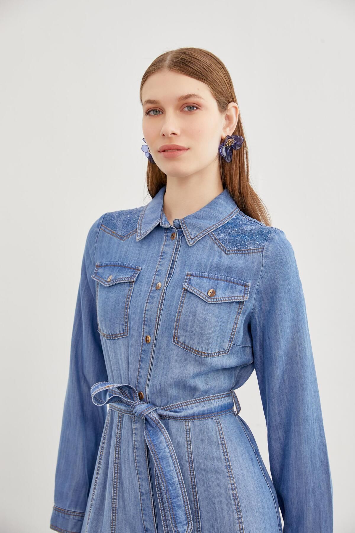 Zühre-Rochie albastră cu guler cămașă din denim cu paiete - E-0382 2