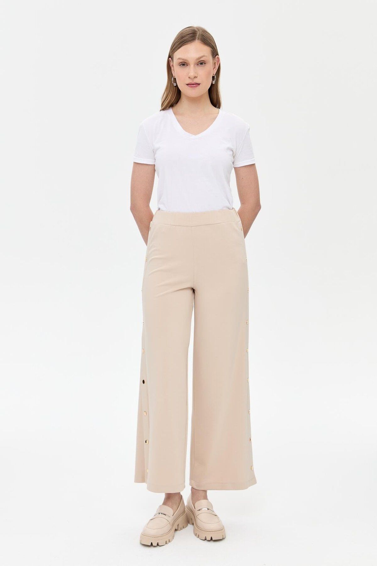 accort-Beige Modal Trousers - Side Button Detail 3