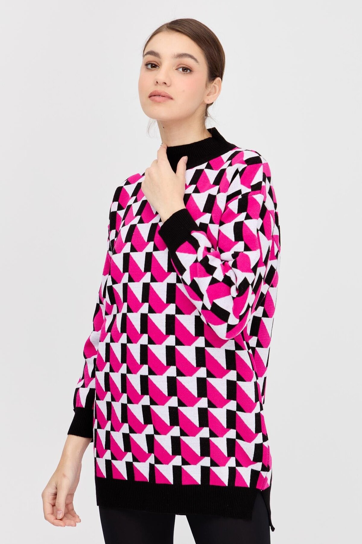 accort-Half Fisherman Patterned Knitwear Tunic-Fujia/Ecru 4