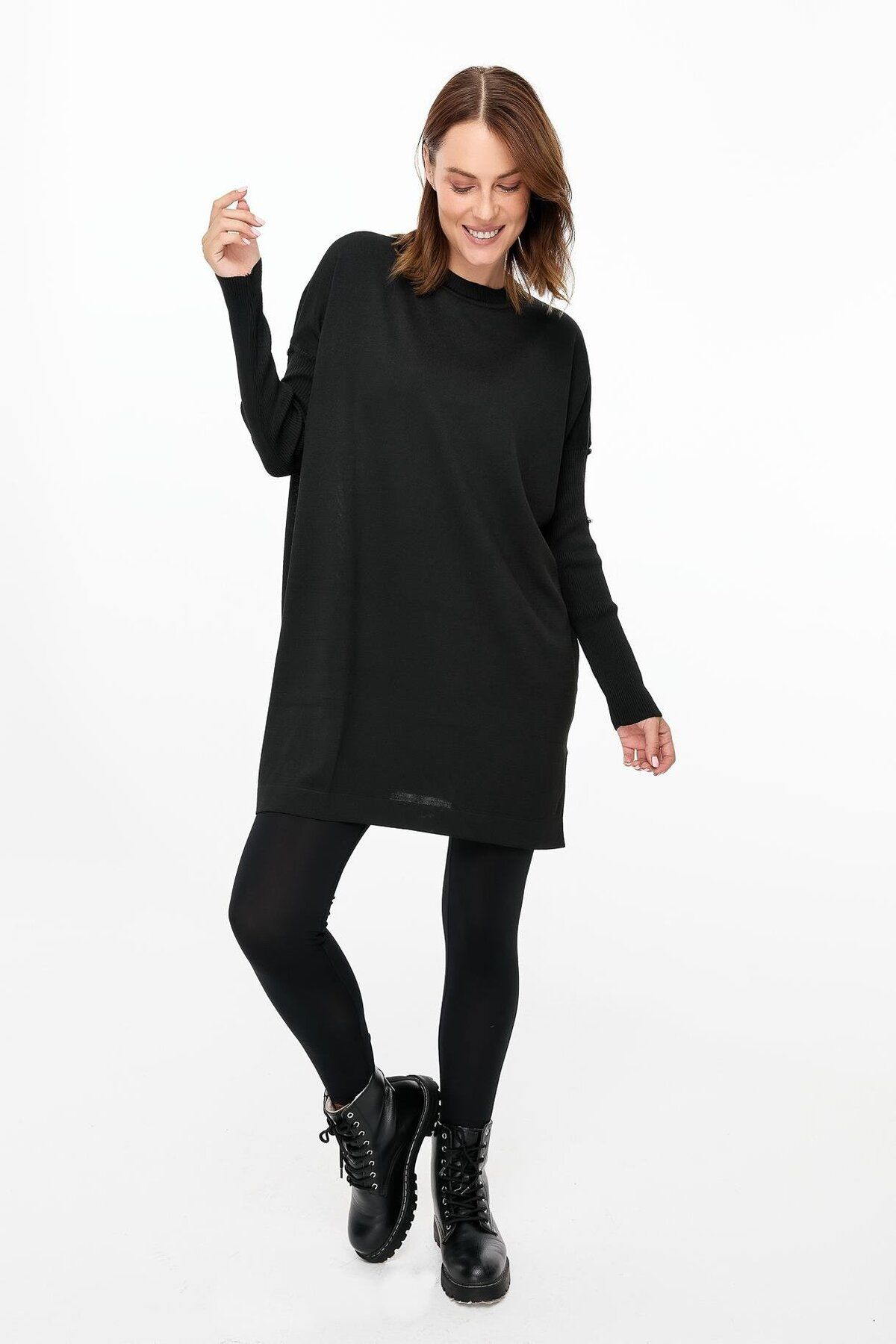 accort-Buttoned Sleeve Knitwear Tunic - Black 1