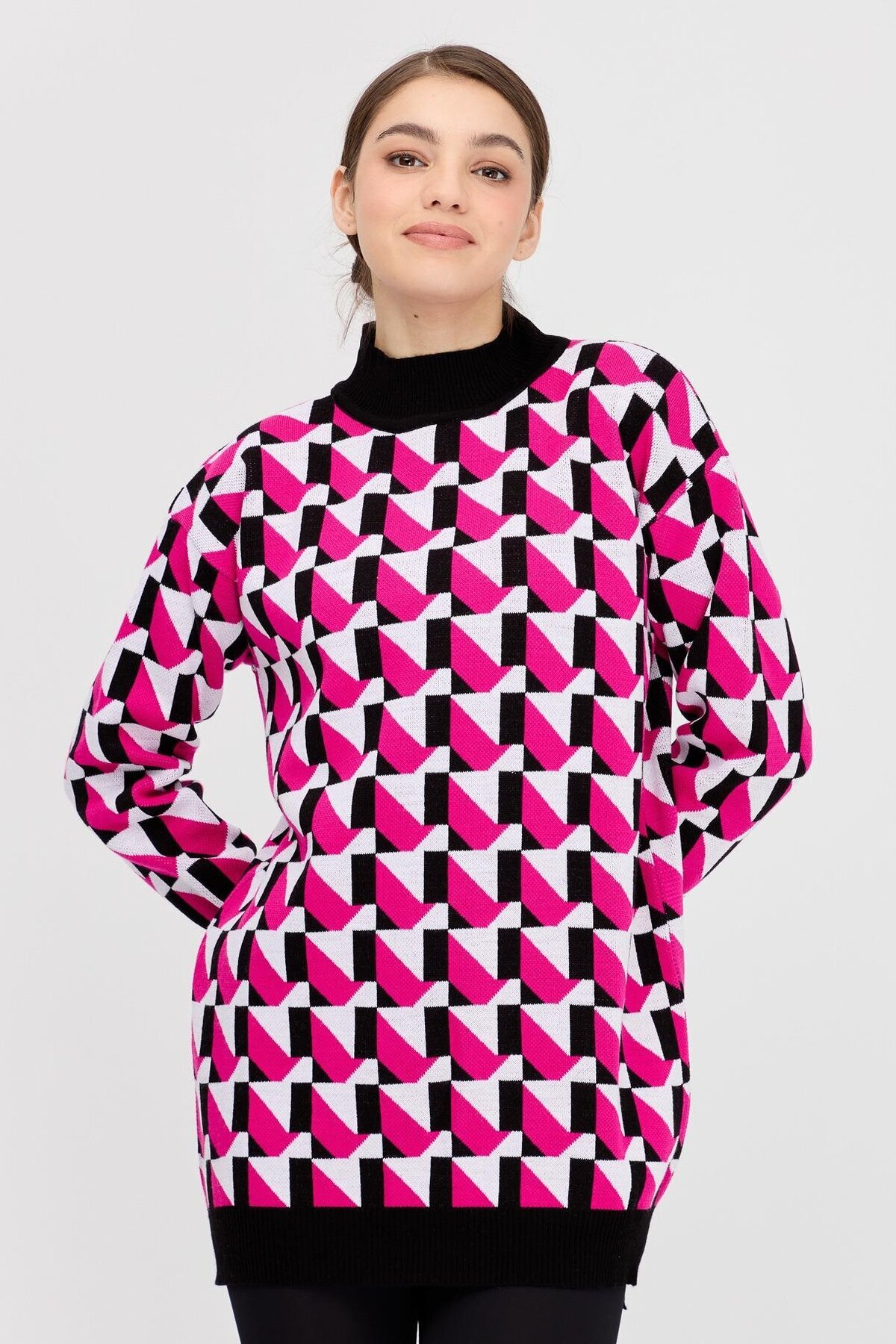 accort-Half Fisherman Patterned Knitwear Tunic-Fujia/Ecru 3