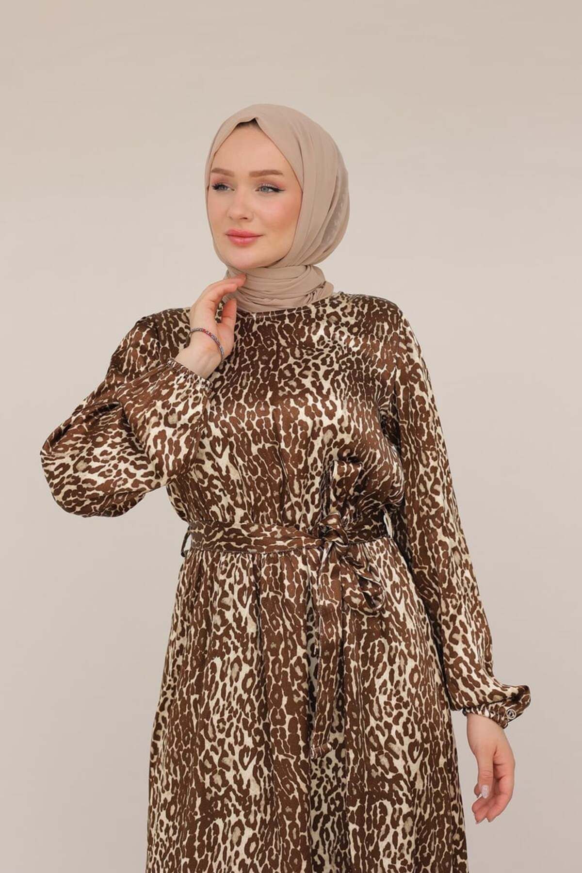 Armine-Armine Trend Leopard Print Waist Belt Dress Brown 24Kt904 3