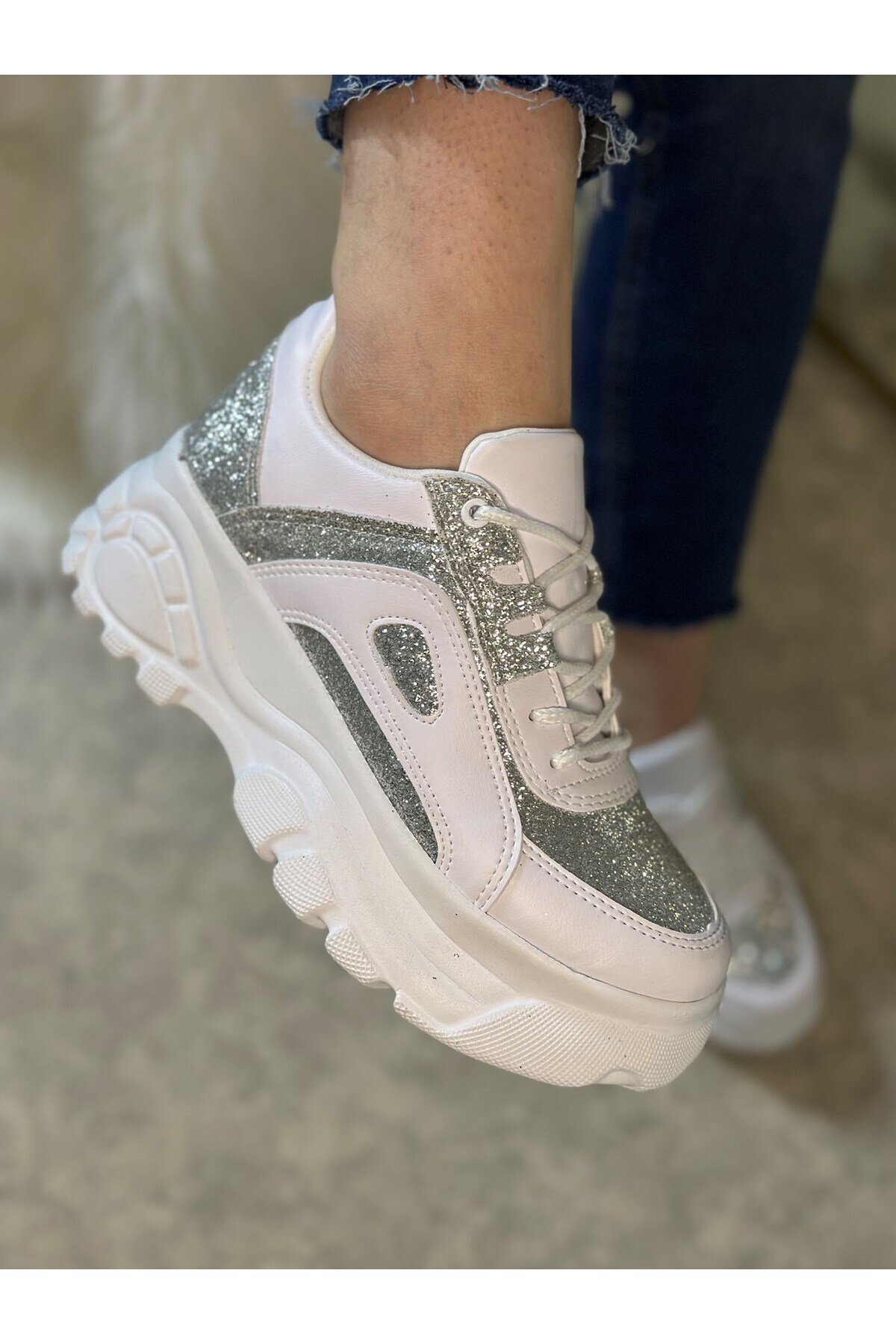 Nstil-Pantofi sport de zi cu zi pentru femei, albi, cu sclipici, cu talpă înaltă, cu șireturi, pantofi comozi, ușori 001 7