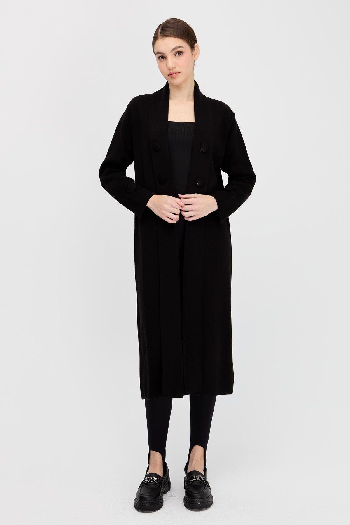 accort-Shawl Collar Long Knitwear Cardigan - Black 1