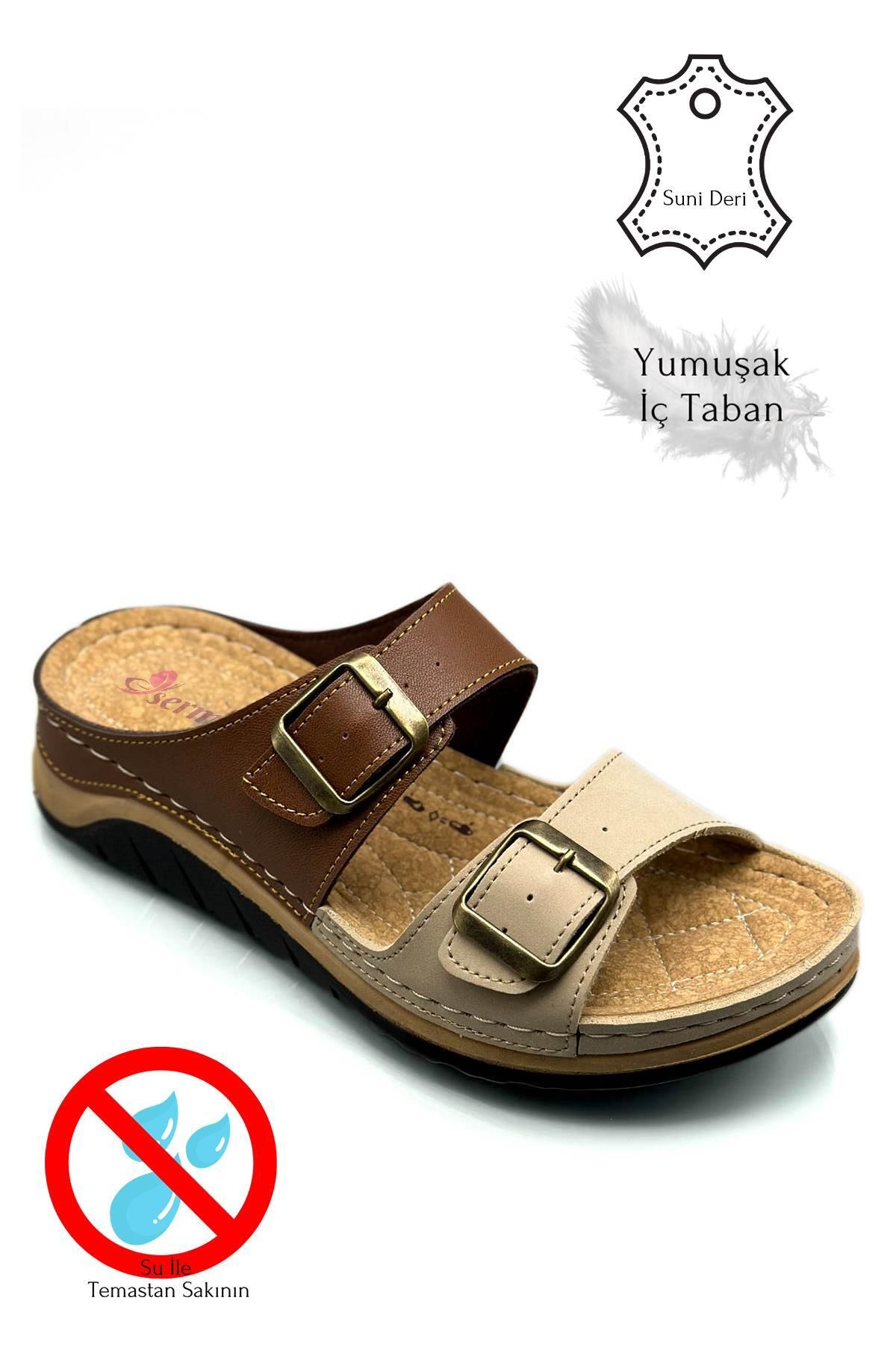 Moda Anna-Απαλές και ελαφριές γυναικείες αθλητικές παντόφλες - Διπλή αγκράφα, χοντρή σόλα 521/1 - Tan Mink 5