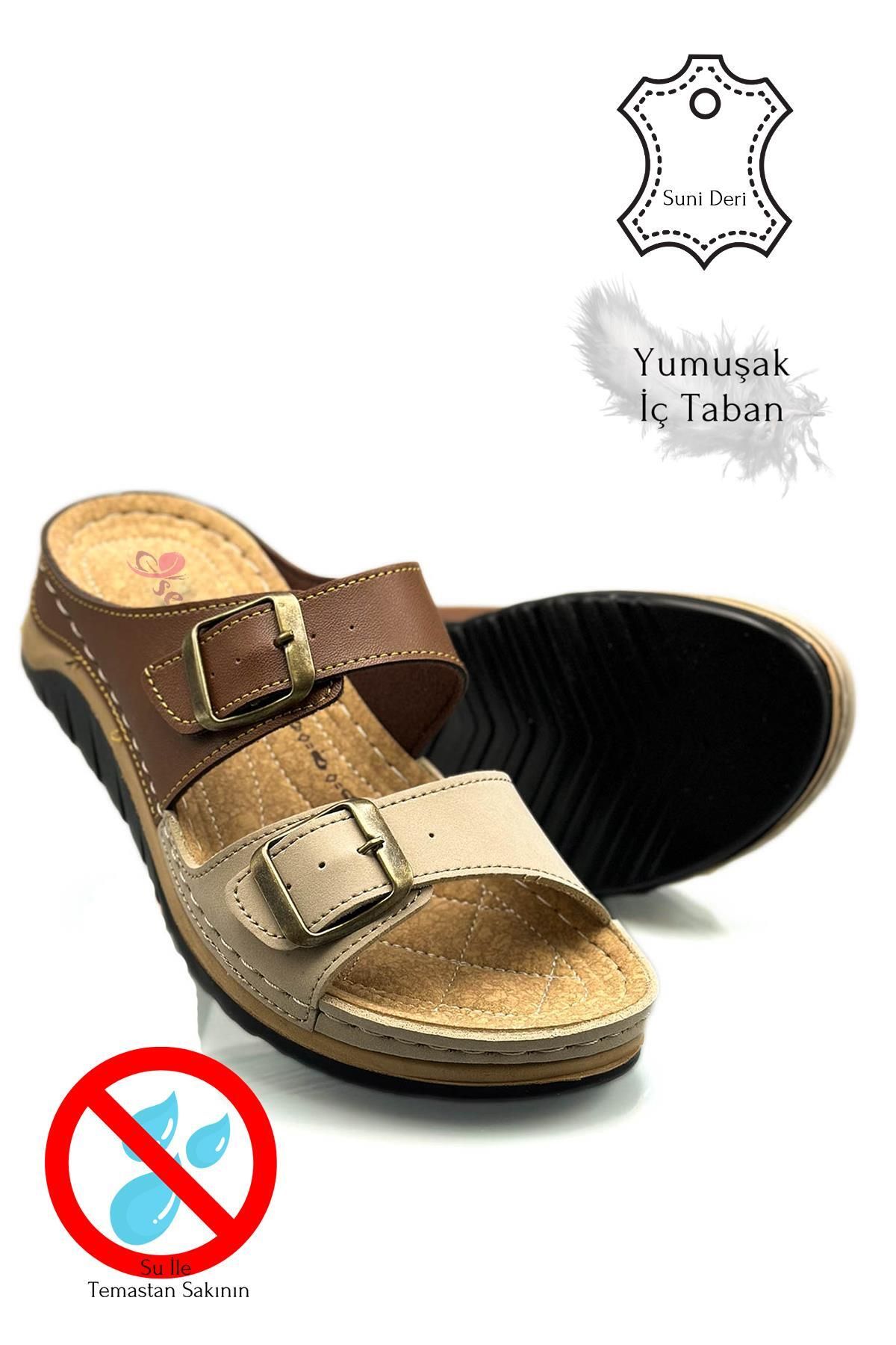 Moda Anna-Απαλές και ελαφριές γυναικείες αθλητικές παντόφλες - Διπλή αγκράφα, χοντρή σόλα 521/1 - Tan Mink 3