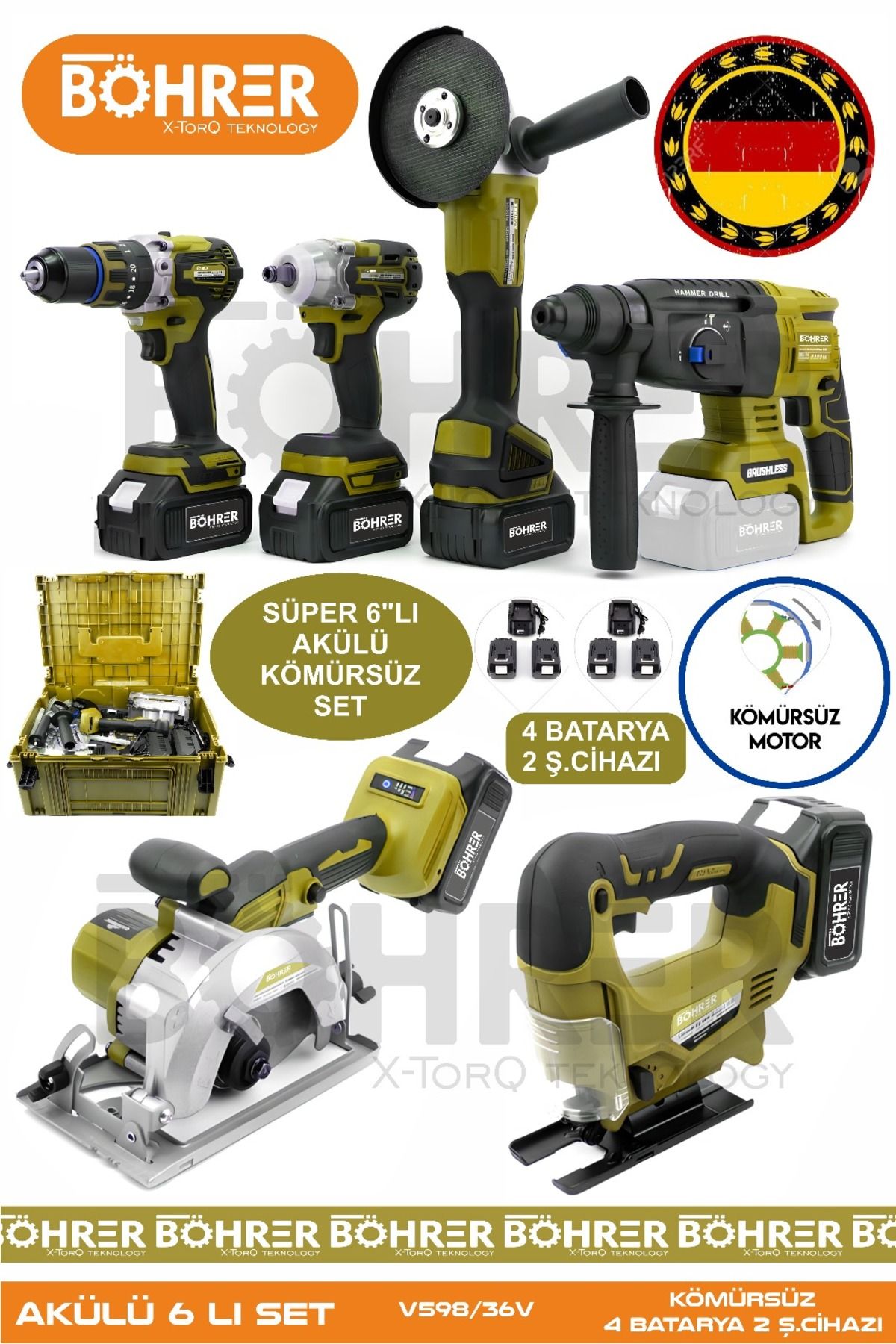 BÖHRER Alman 4 Akülü 2 Şarjlı Kömürsüz V598 5ah Profesyonel 6 Makine Kombo Set ,yellow