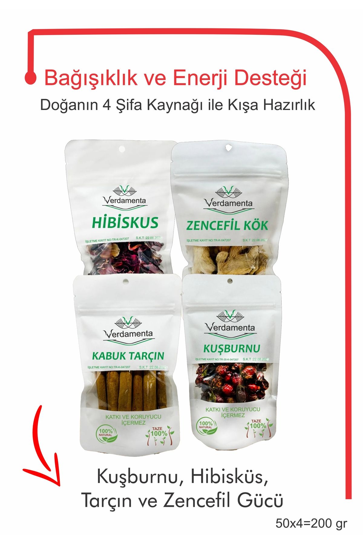 verdamenta Kış Çayı Seti - Tarçın, Hibiskus, Kuşburnu, Kök Zencefil 50 x 4 =200 gr