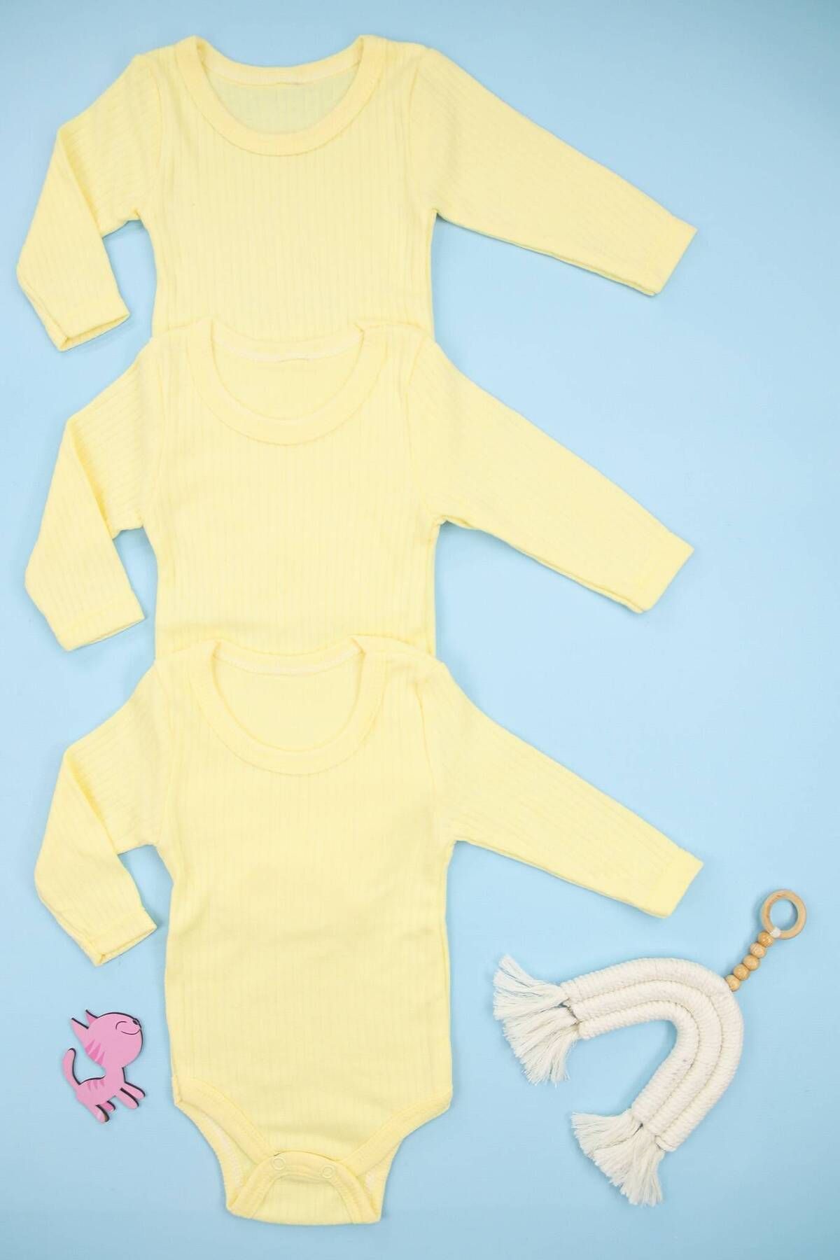 Lindakids-Twill 100% Cotton Long Sleeve Snap Fastener 3-Piece Yellow Baby Bodysuit 1