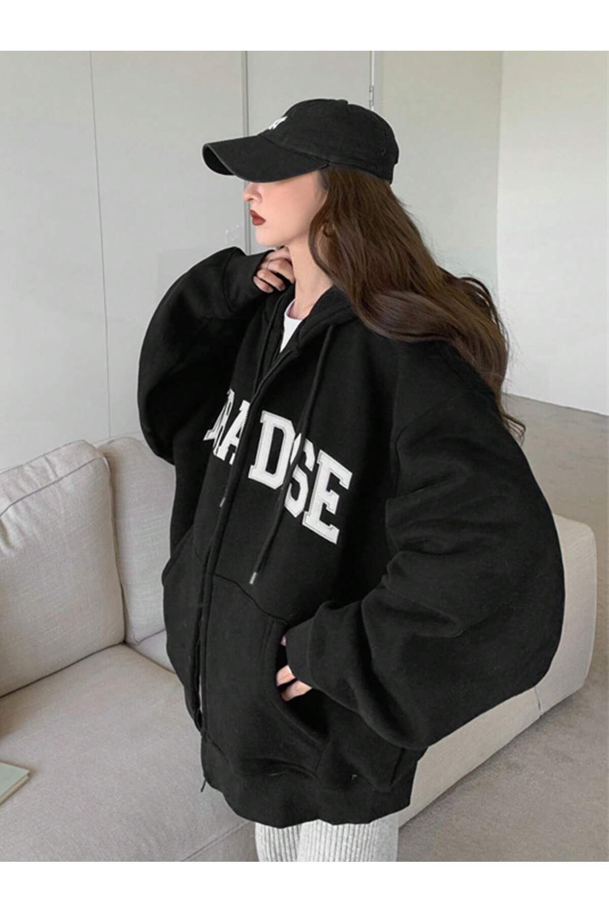 modaberry Paradise Fermuarlı Hırka - Siyah Baskılı Oversize Cepli