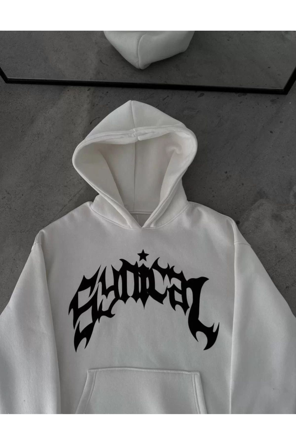 SA Alişveriş Dünyam Üç İplik Kapüşonlu Baskılı Oversize SweatShirt- Beyaz