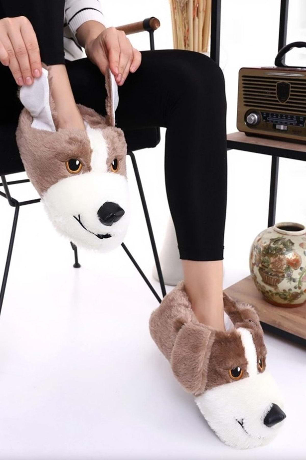 Kocamanlar Ayakkabı Kocamanlar Sevimli Köpek Figürlü Unisex Hayvanlı Panduf KAHVERENGİ görsel 2