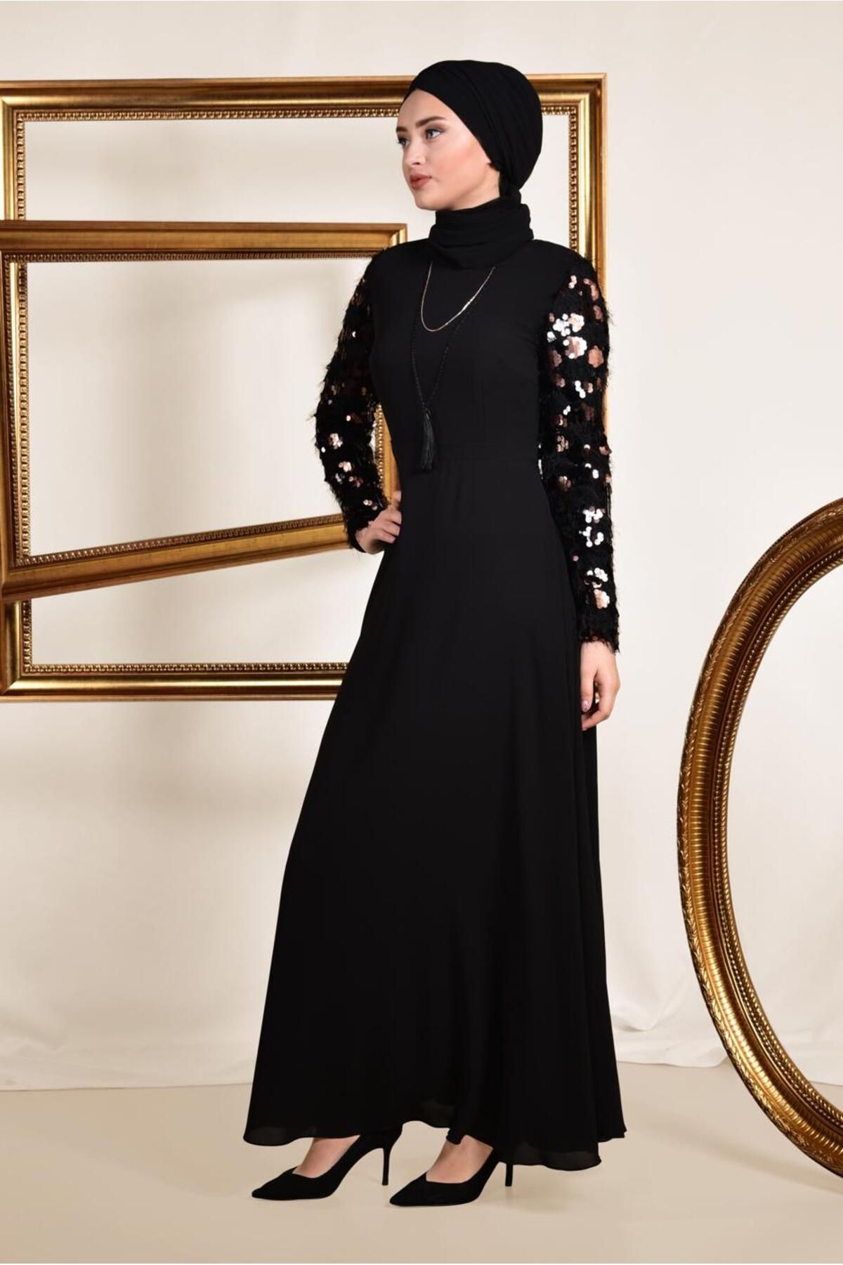 پیراهن پوشیده سیاه زنانه دنباله تمبر بازو و لباس حاشیه 4891 آلوینا Alvina