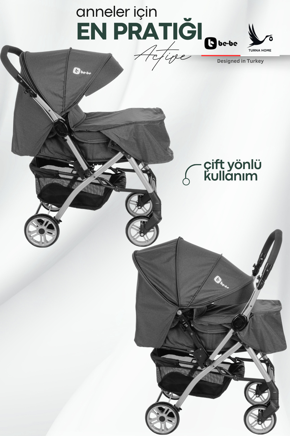 4 Baby Be-be Turnahome Active Çift Yönlü Tam Yatış Pozisyonlu Pratik Katlanır Mama Tablalı Bebek Arabası fotoğrafı 3 (önizleme)