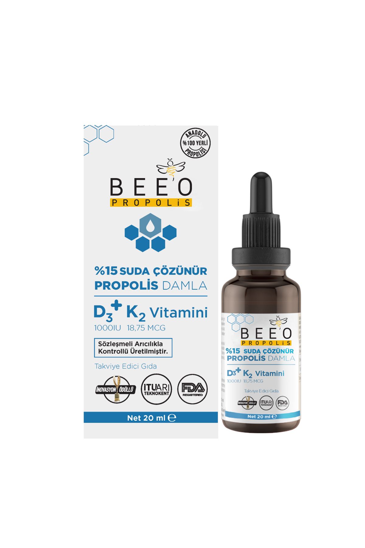 BEE'O Suda Çözünür Propolis Damla D3 K2 20 ml