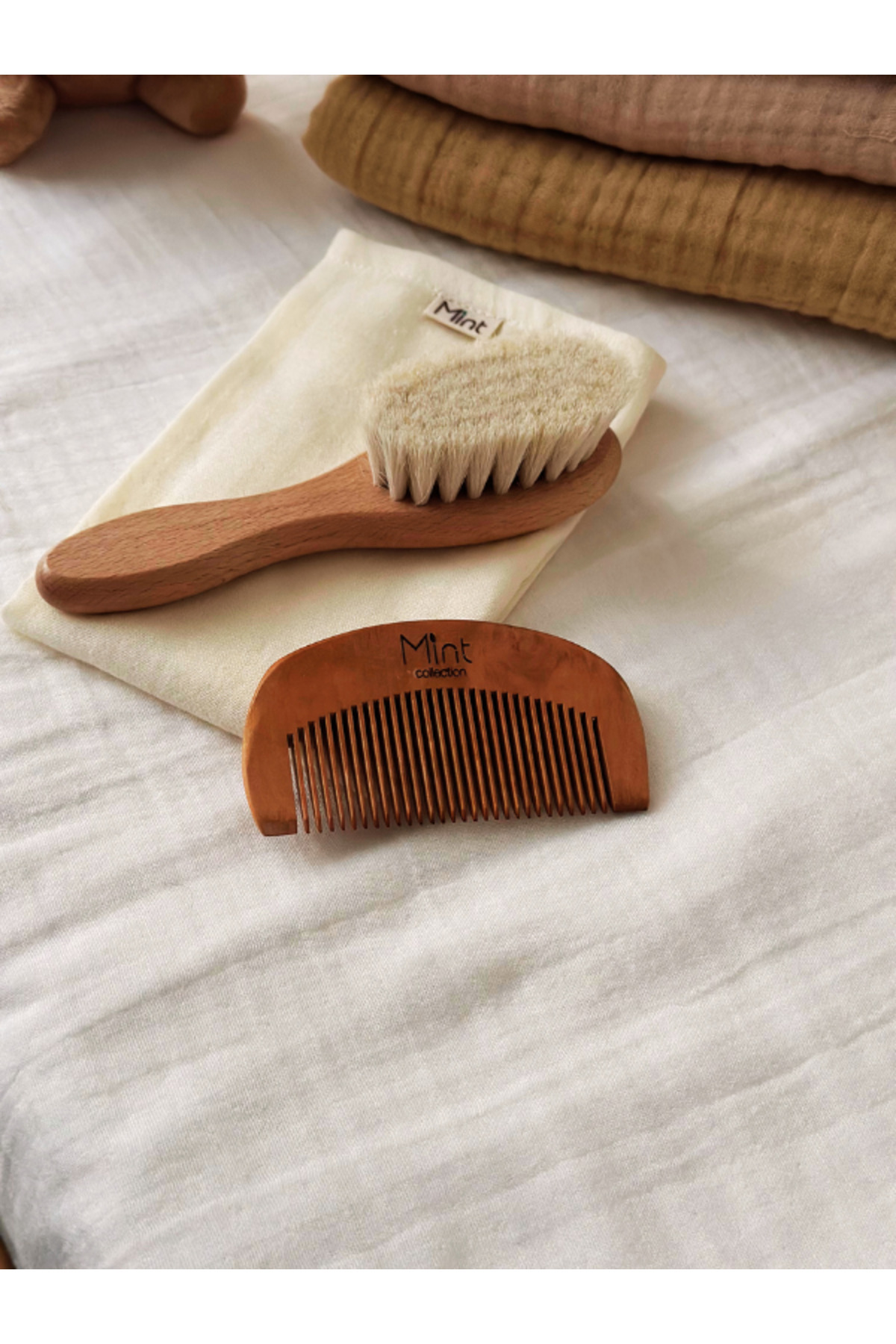 MİNT COLLECTİON-Goat Hair Baby Hair Brush and Comb Set Mint Collection 3